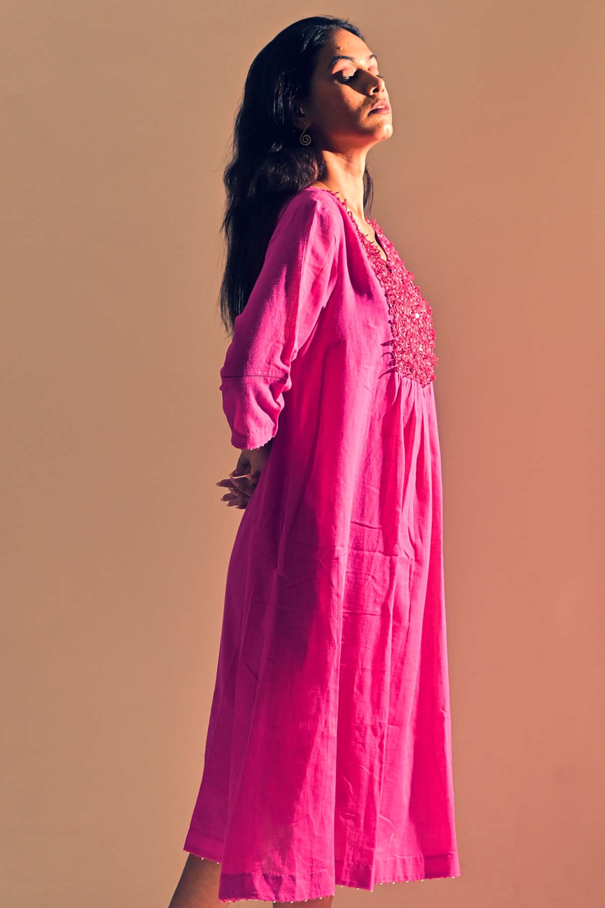 Magenta Cotton Floral Yoke Tunic