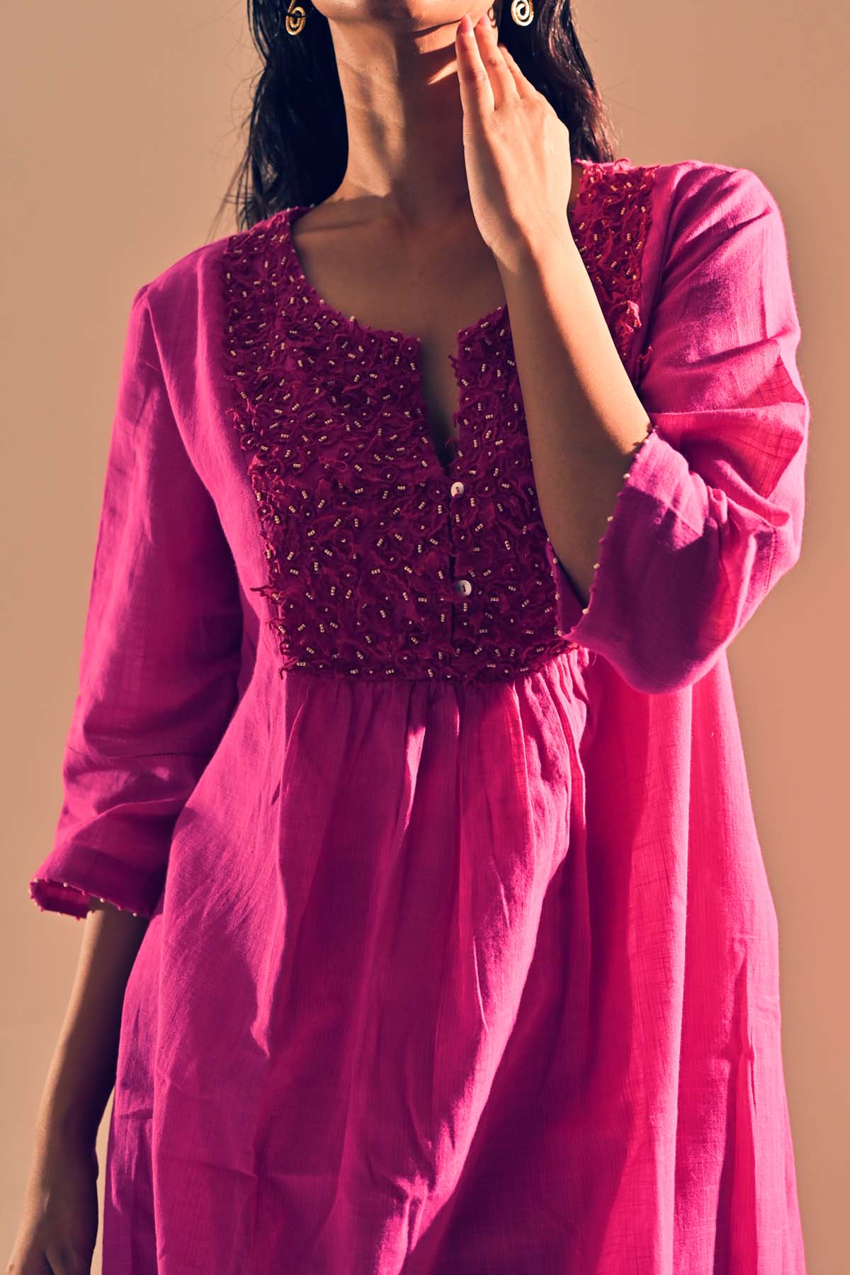 Magenta Cotton Floral Yoke Tunic