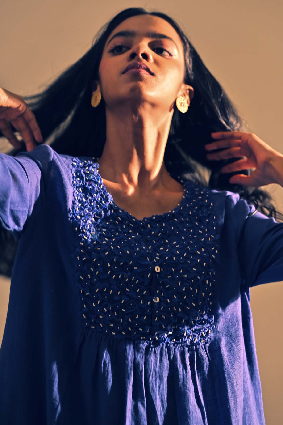 Blue Cotton Floral Yoke Tunic