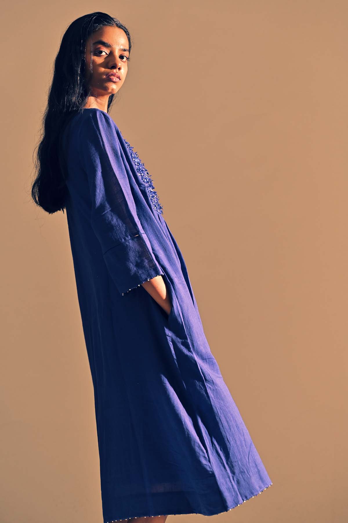 Blue Cotton Floral Yoke Tunic