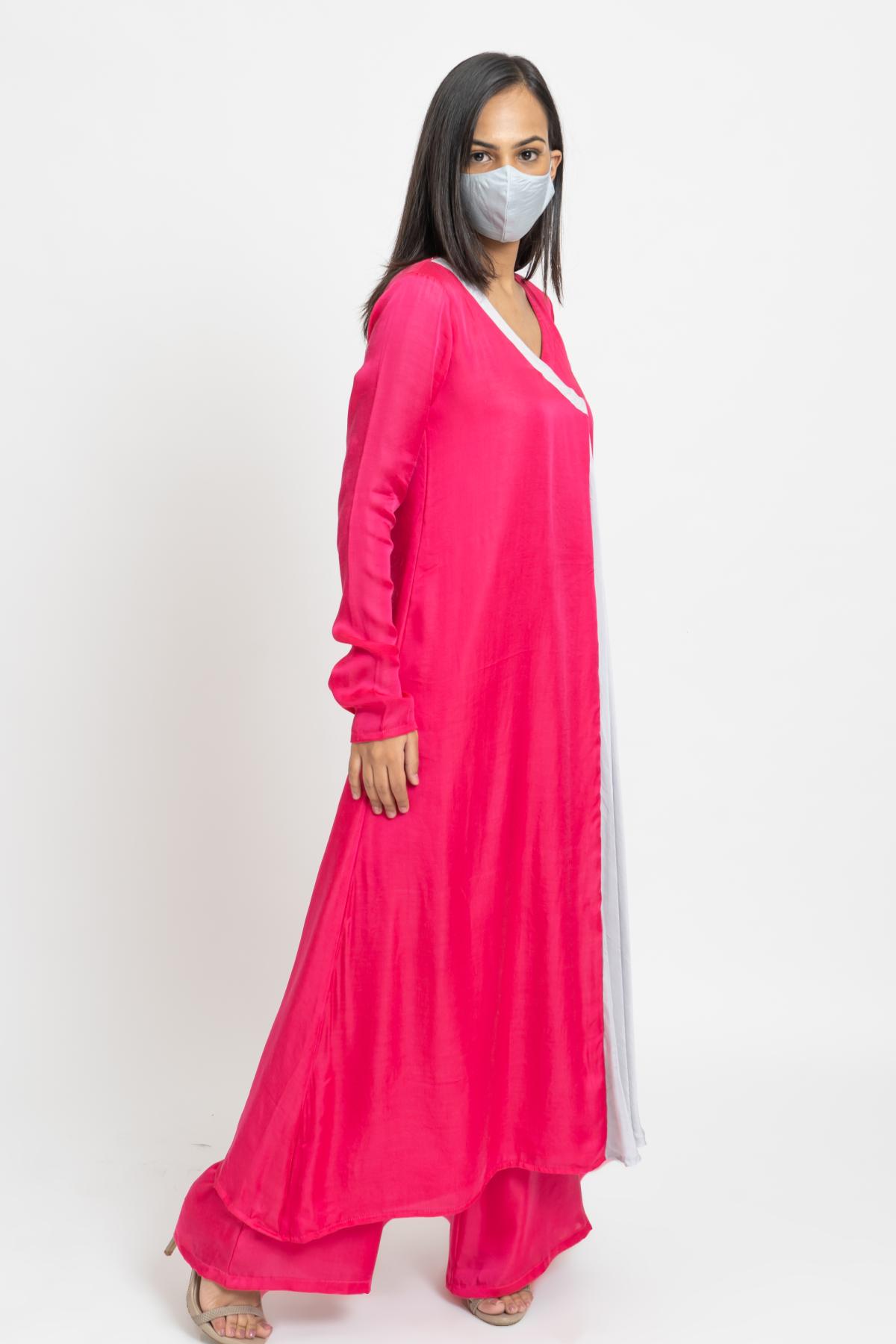 Fuchsia Silk Paneled Kurta Set