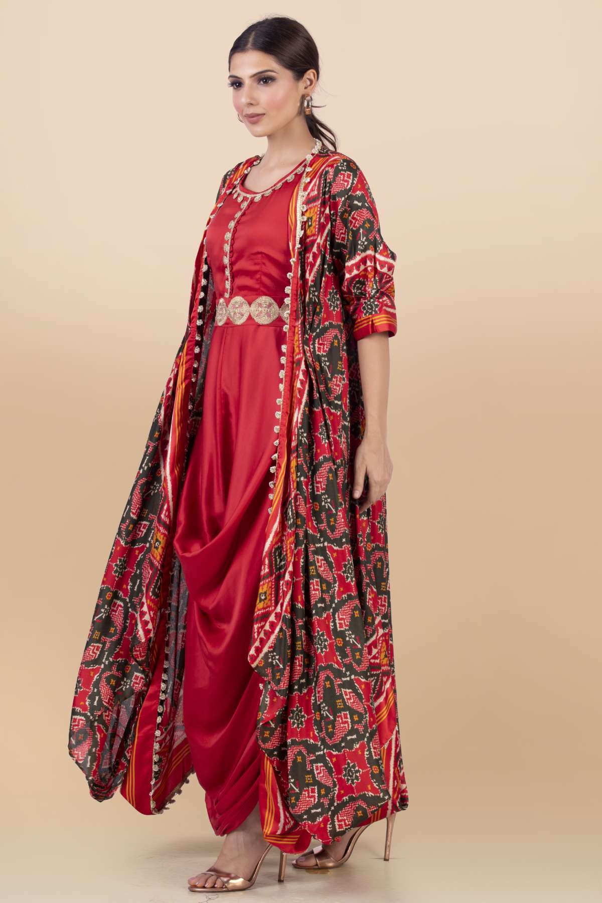 Red Round Neck Draped Dress