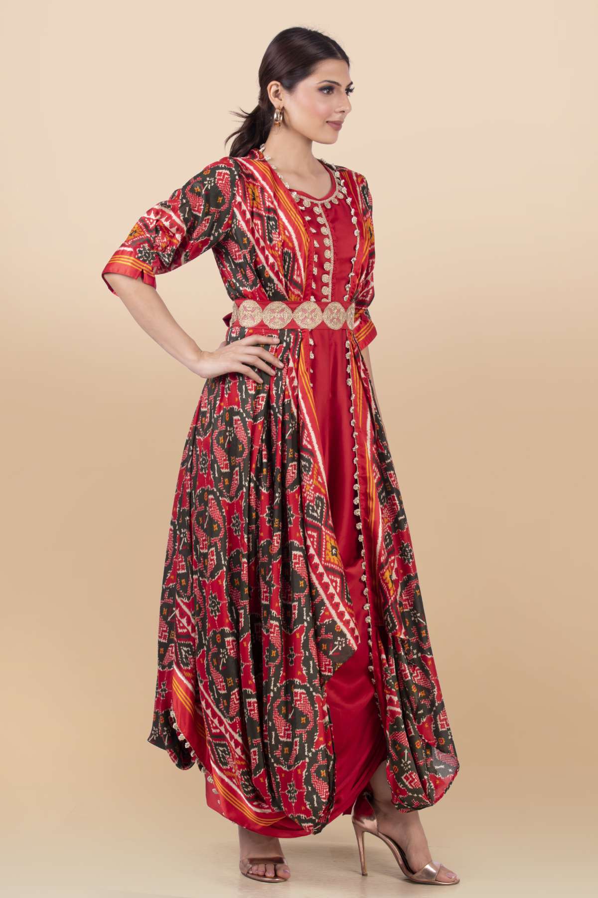 Red Round Neck Draped Dress