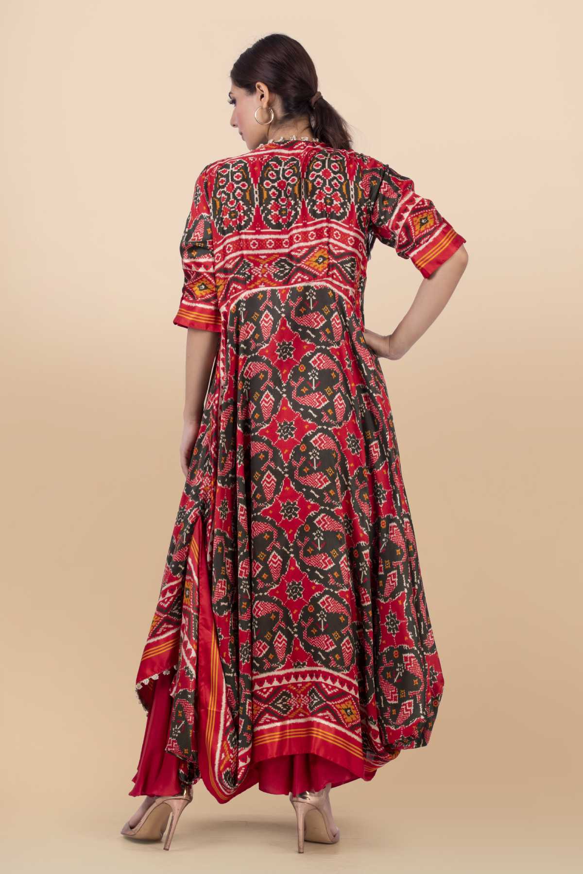 Red Round Neck Draped Dress