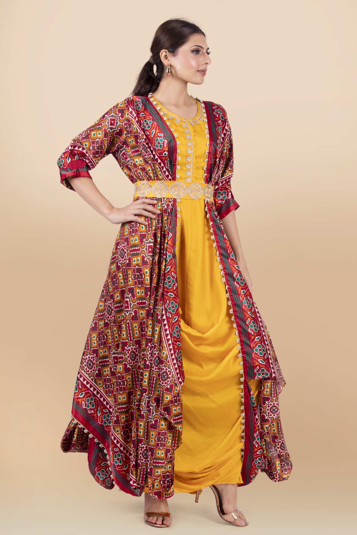 Yellow Round Neck Draped Dress