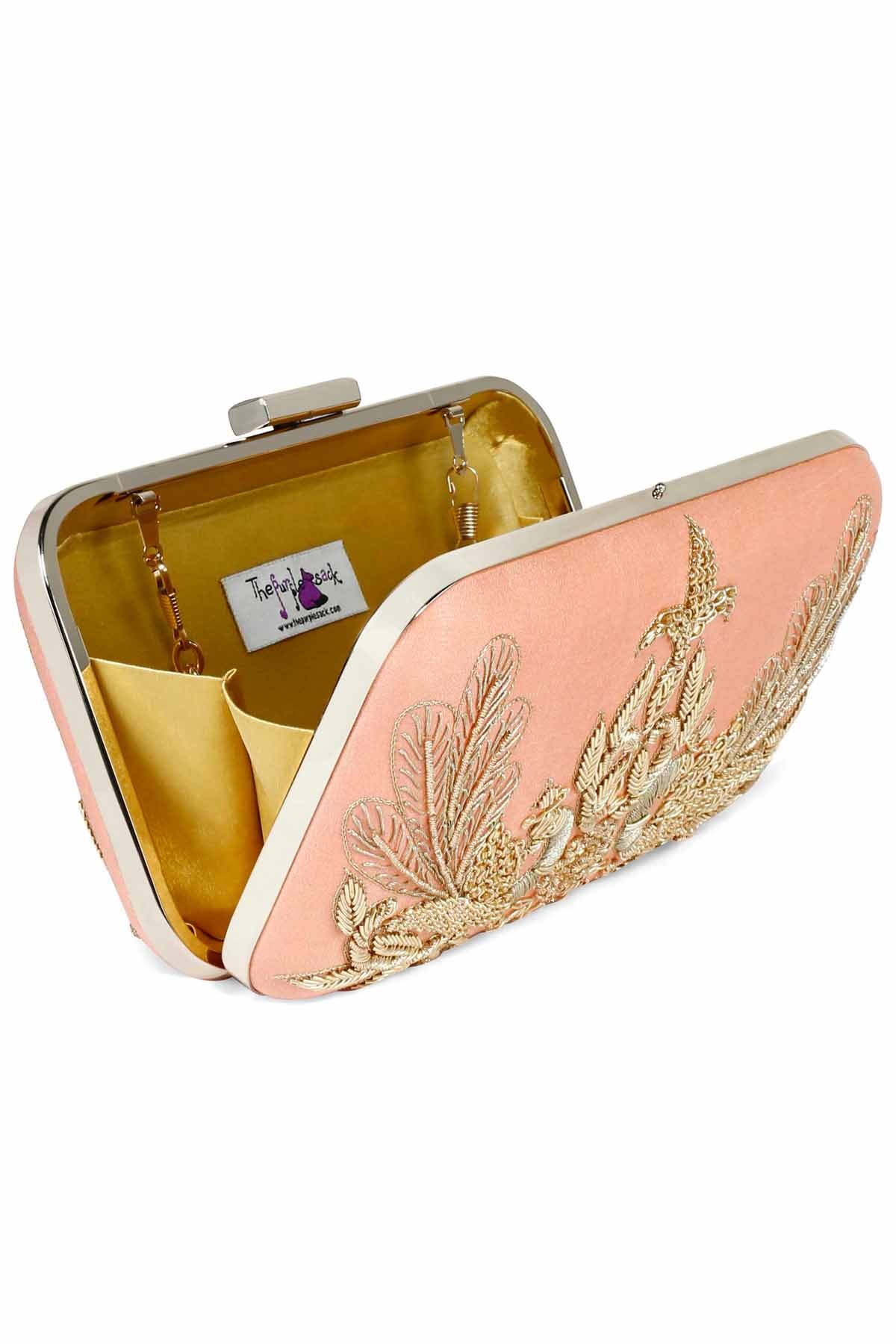 Peach Peacock Embroidered Clutch
