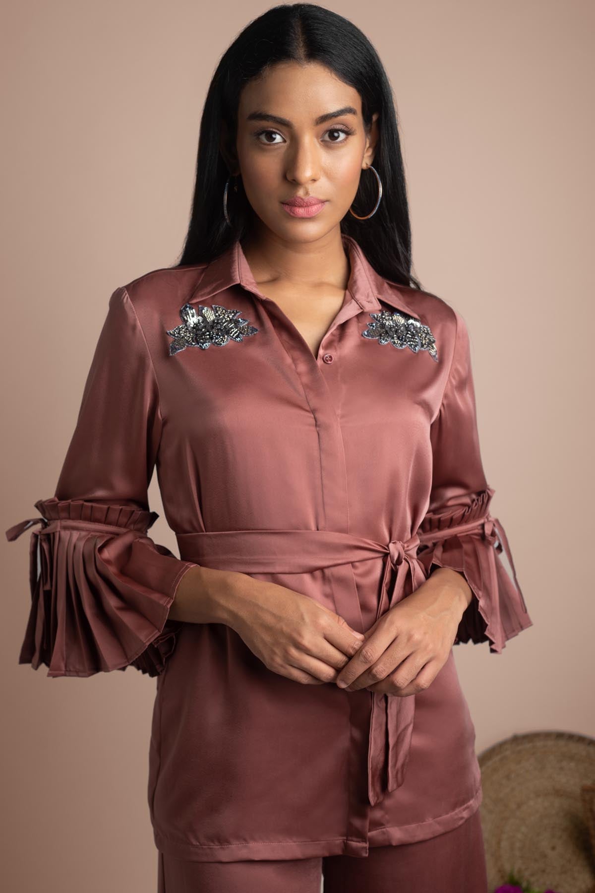 Pink Pleated Sleeves Co-ord Set