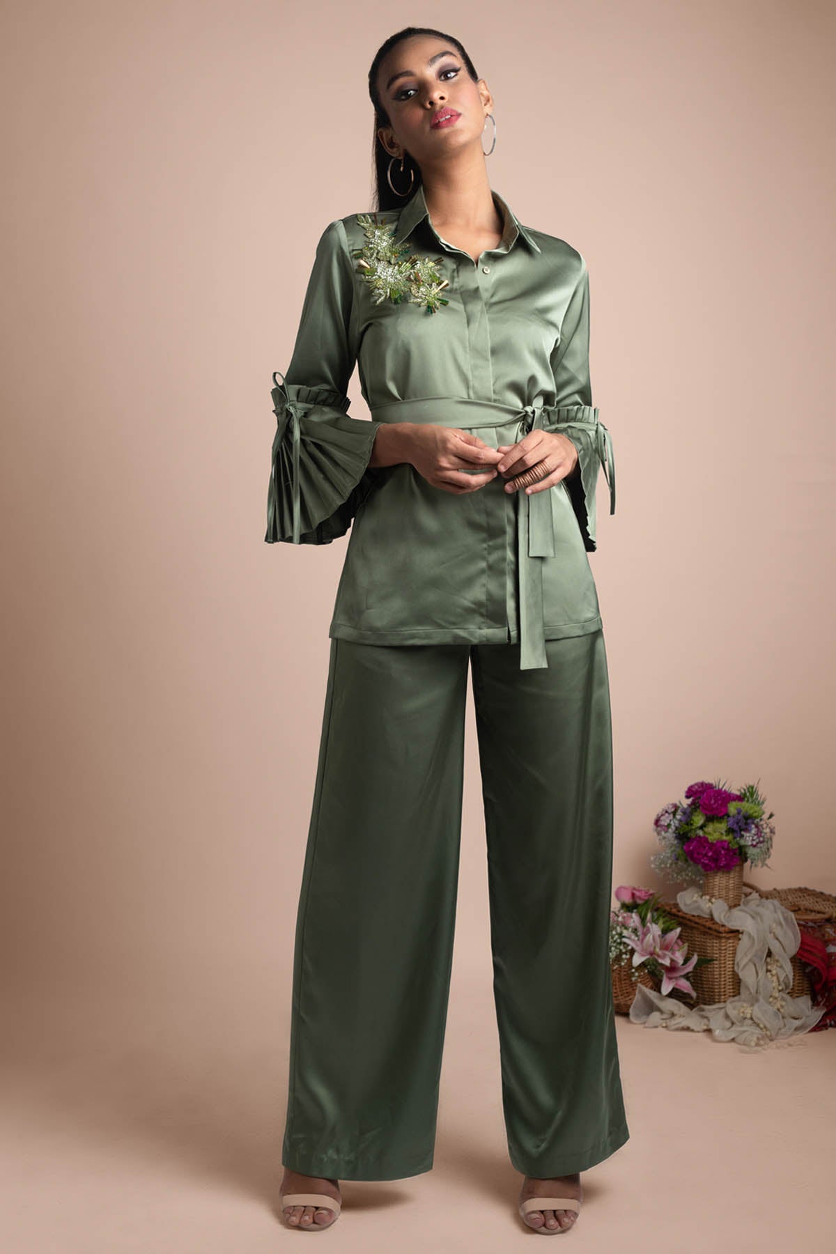 Green Pleated Sleeves Co-ord Set