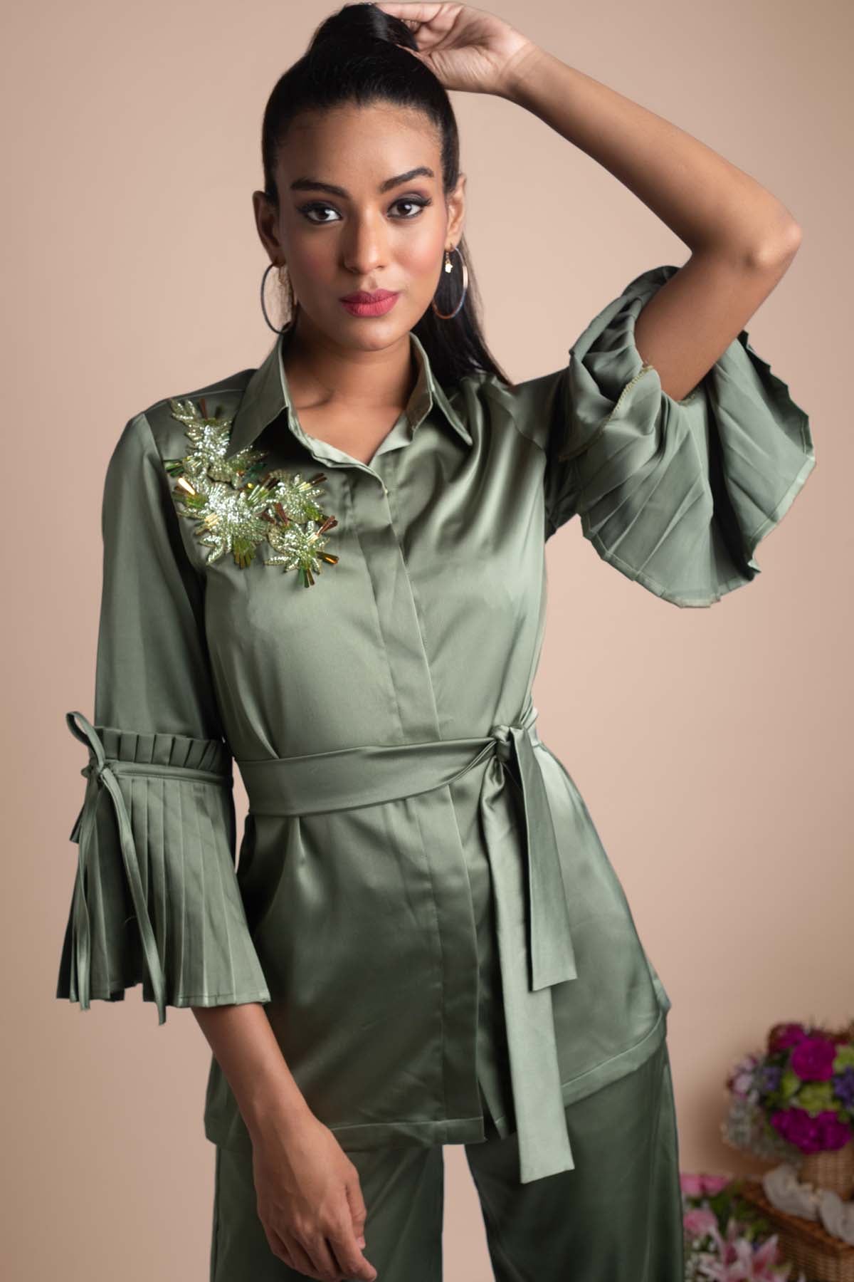 Green Pleated Sleeves Co-ord Set