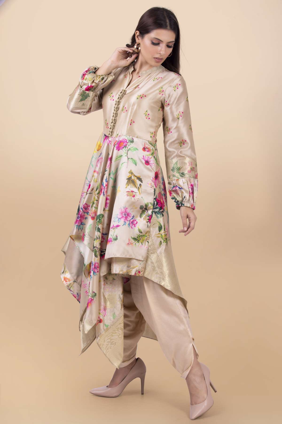 Cream Asymmetrical Dhoti Set