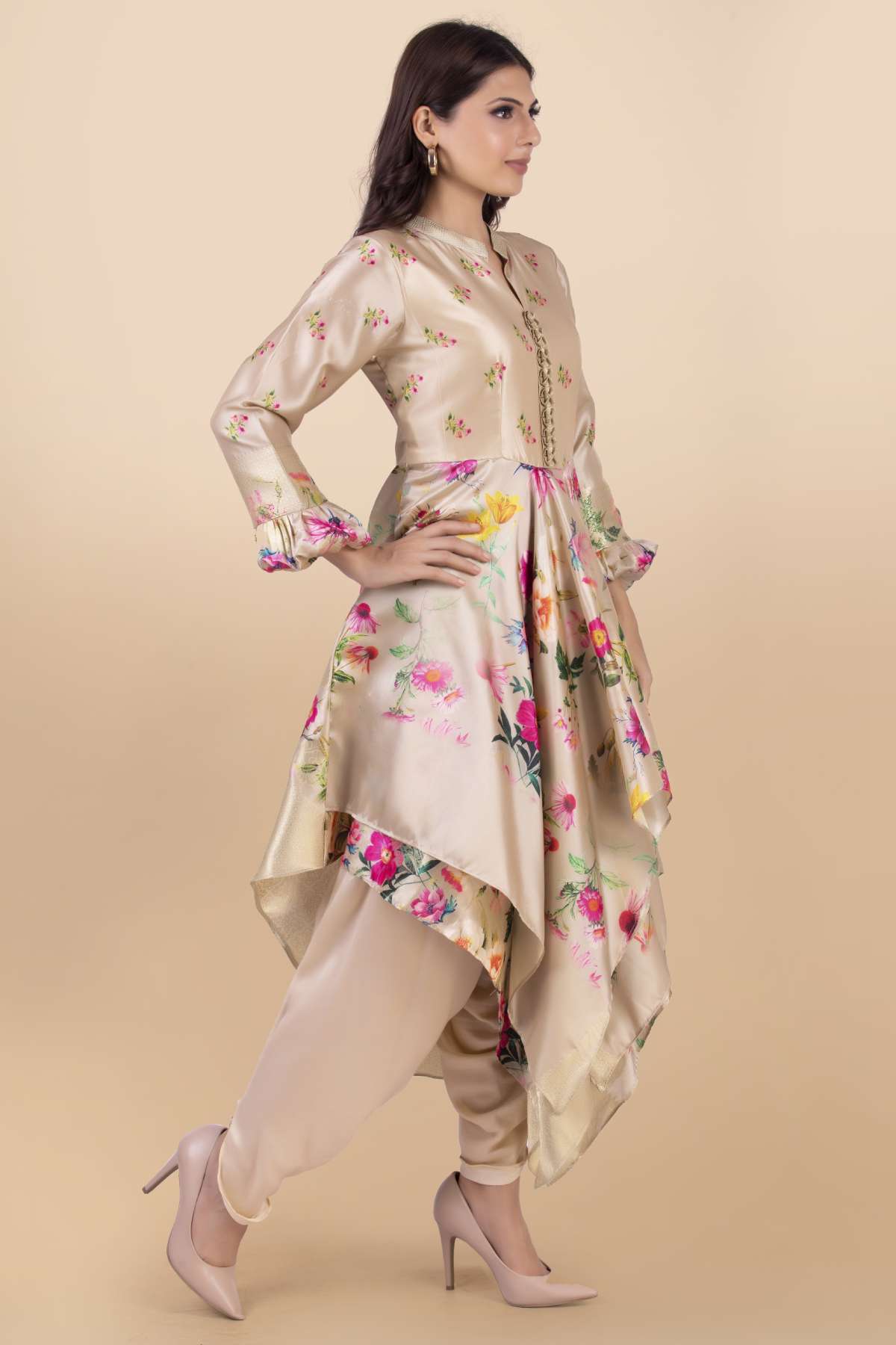 Cream Asymmetrical Dhoti Set