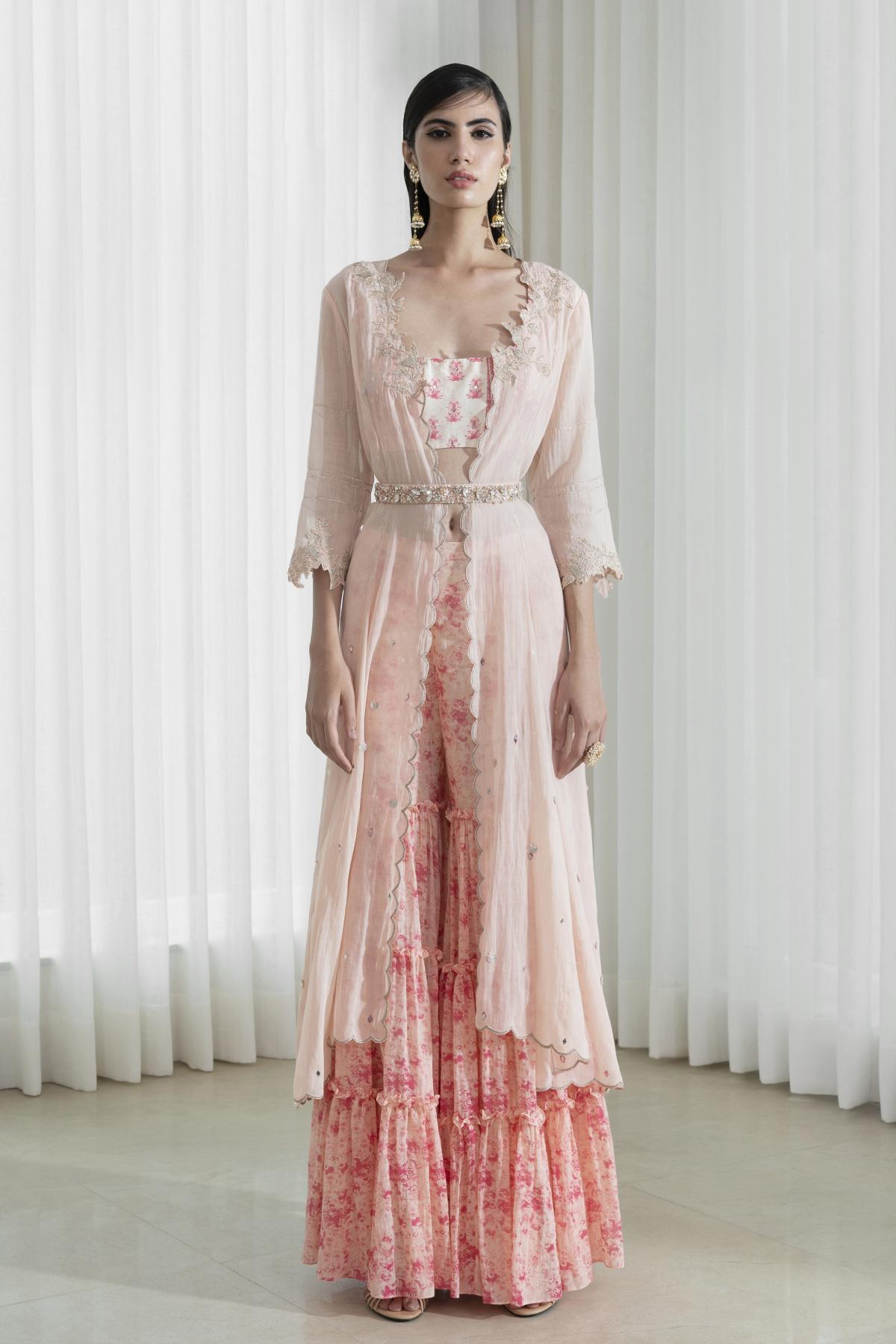 Peach Print Cutwork Jacket Set