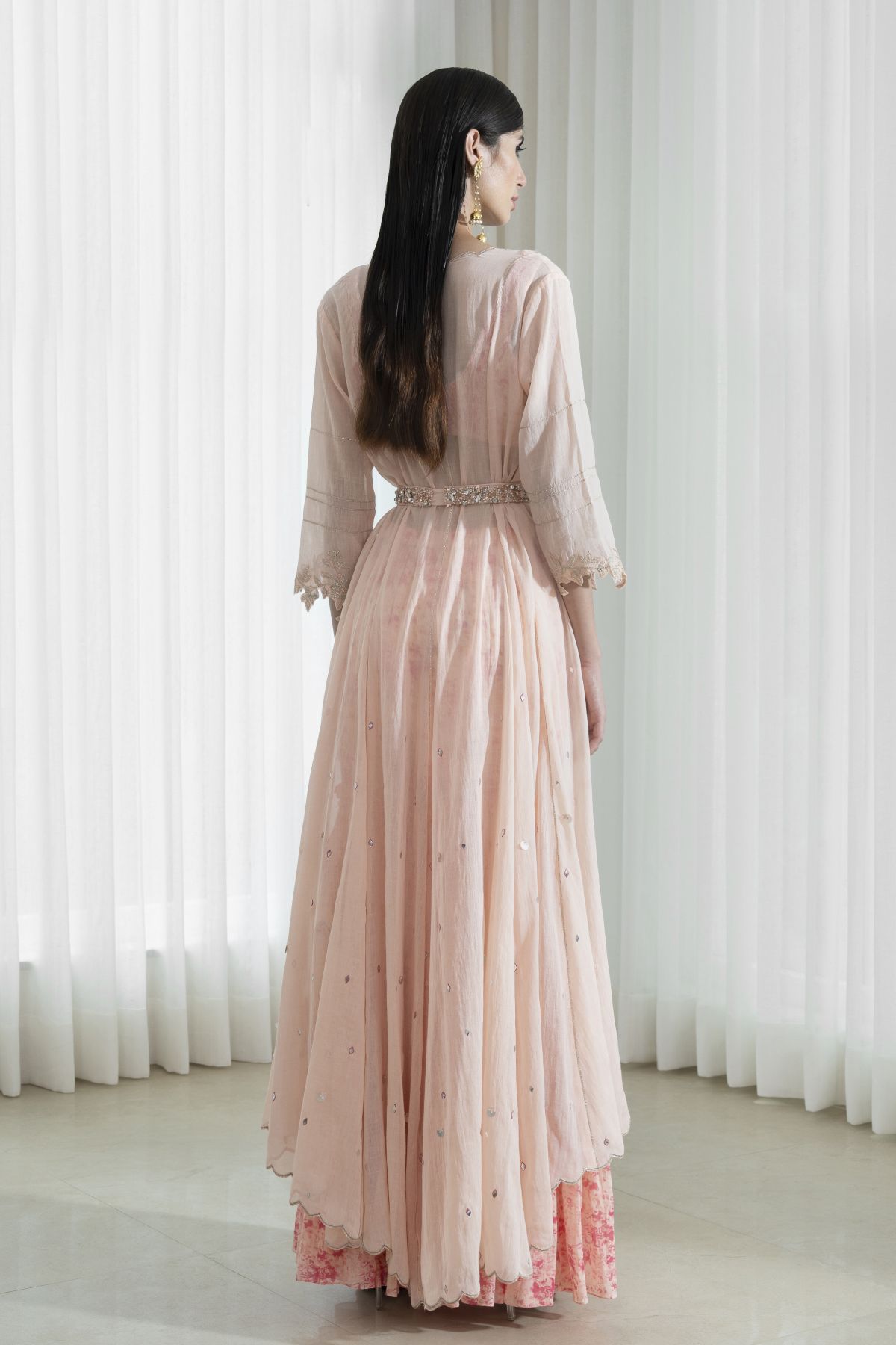 Peach Print Cutwork Jacket Set