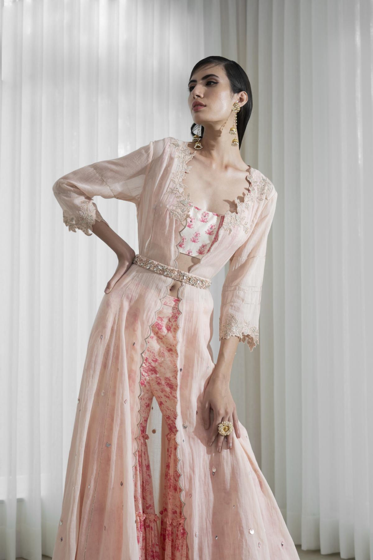 Peach Print Cutwork Jacket Set