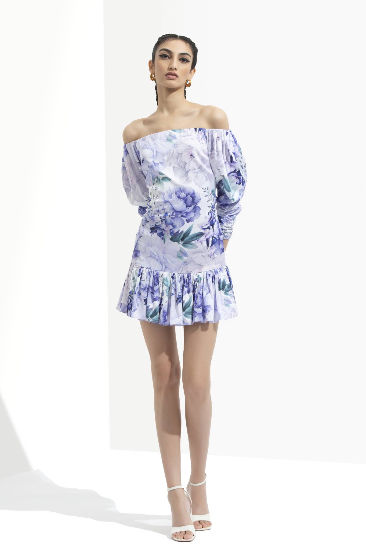 Buy Printed Off Shoulder Dress by Mandira Wirk