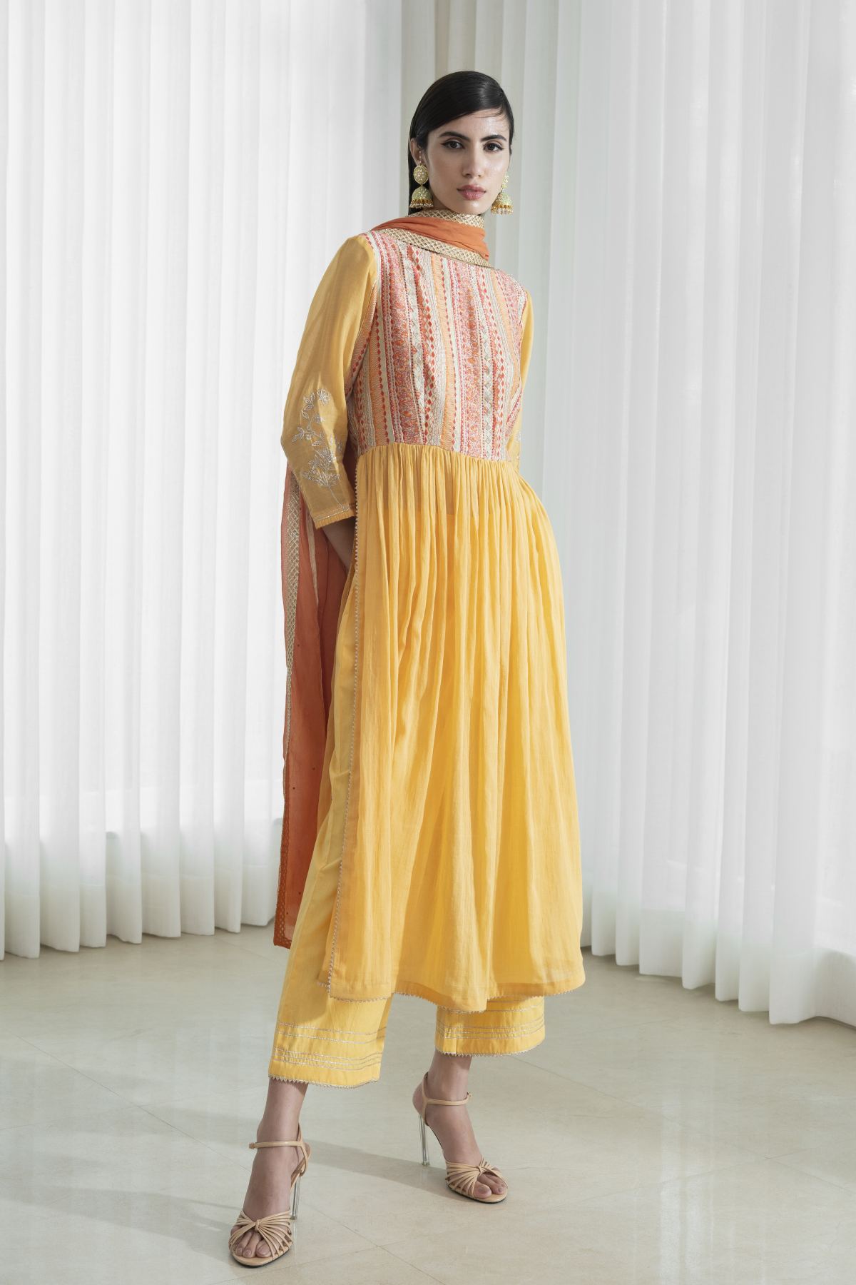 Mustard Printed Yoke Kurta Set