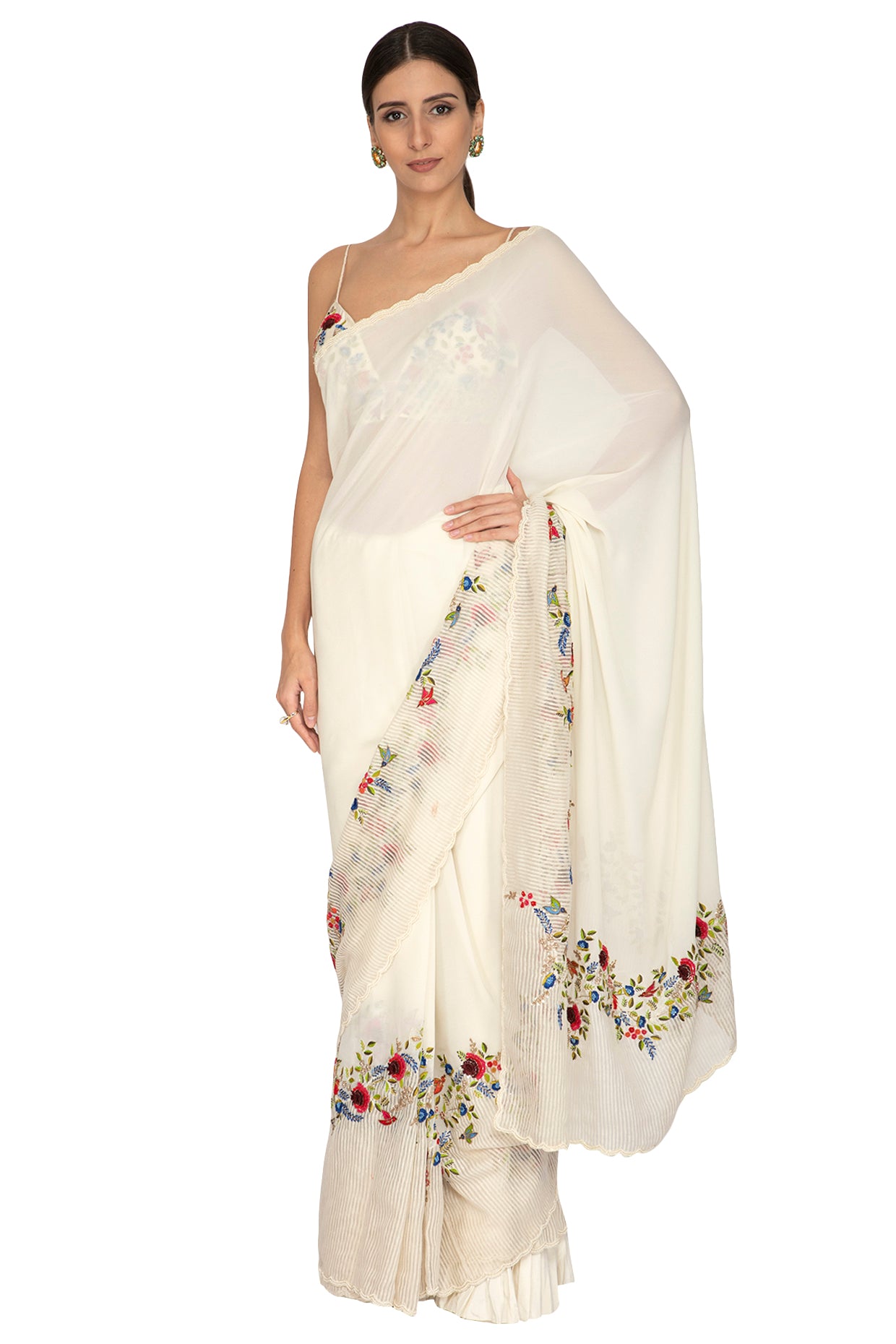 Ivory Birds Embroidered Saree