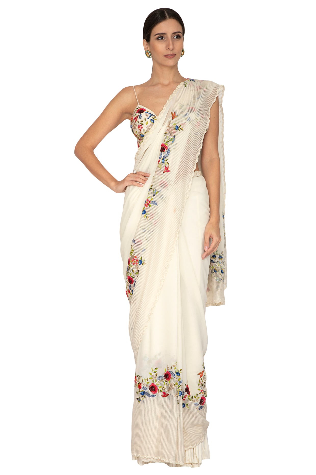 Ivory Birds Embroidered Saree