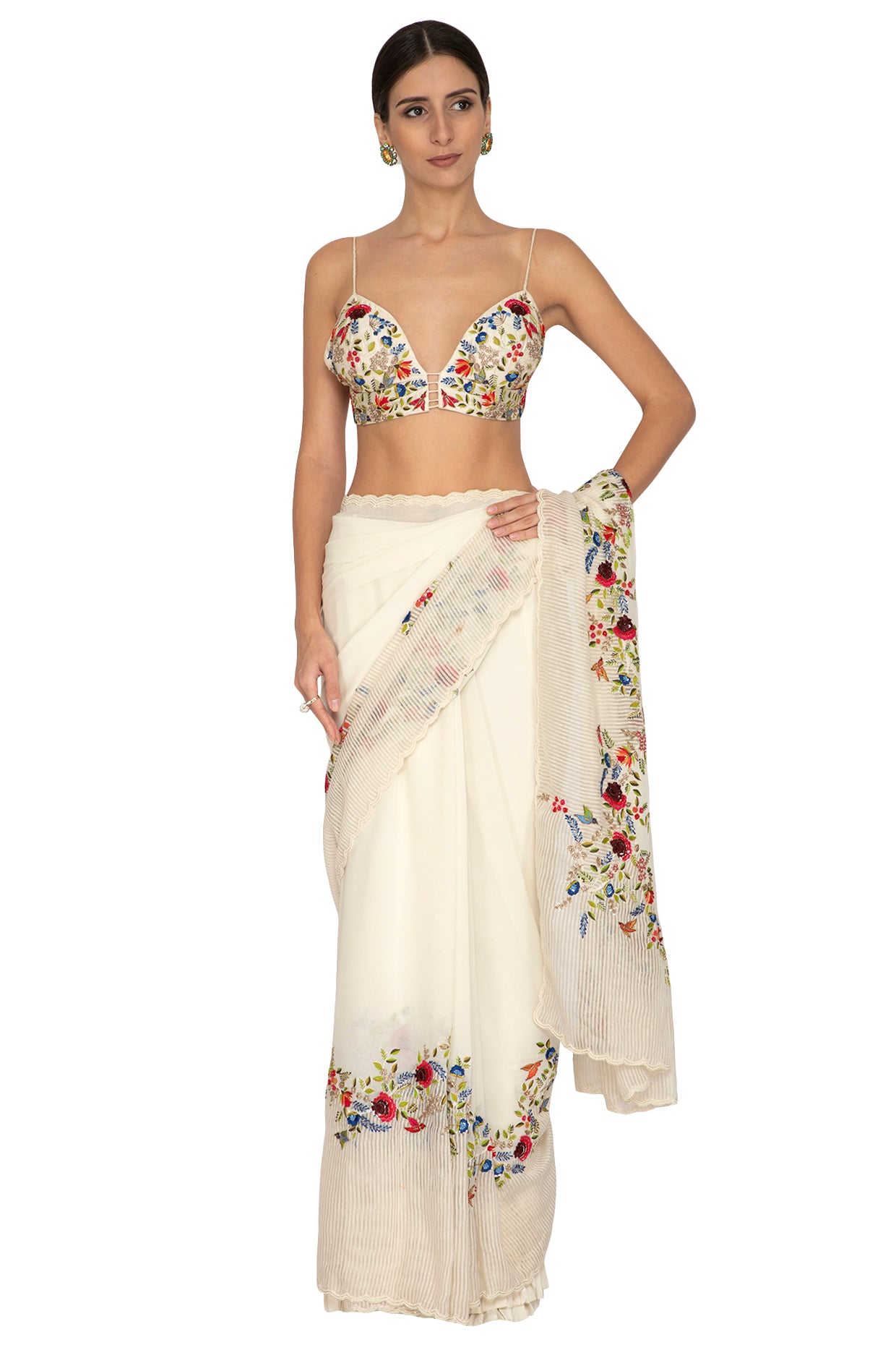 Ivory Birds Embroidered Saree