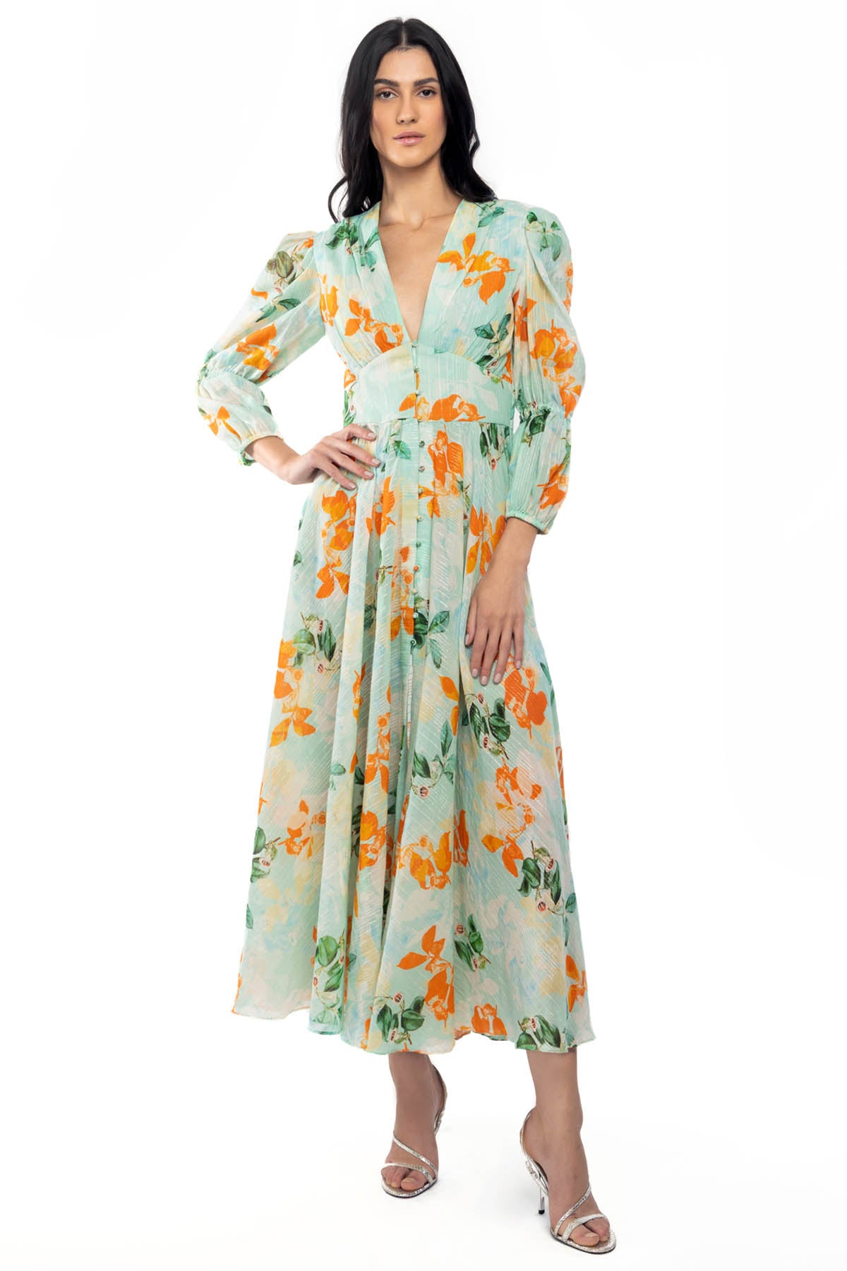 Buy Puff Sleeves Floral Dress by Mandira Wirk