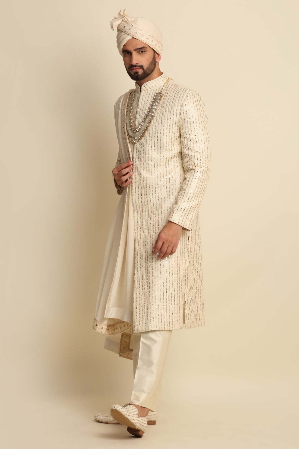 Raw Silk Sequins Sherwani Set
