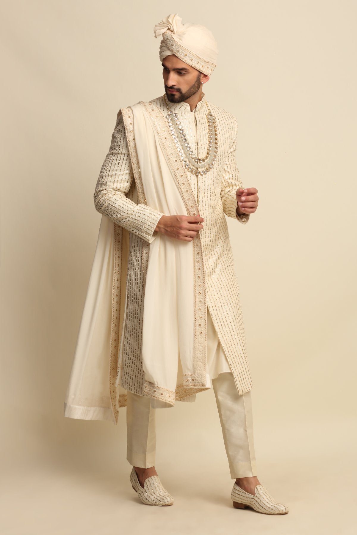 Raw Silk Sequins Sherwani Set