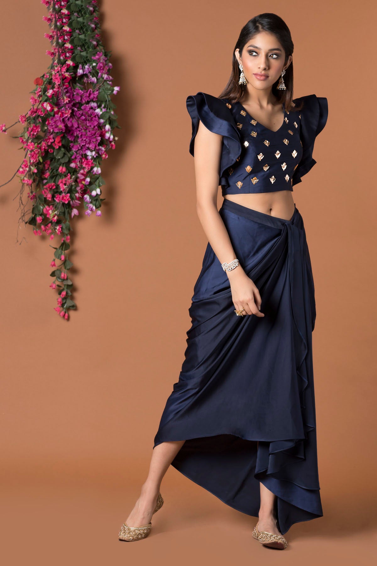 Navy Blue Ruffle Blouse & Skirt