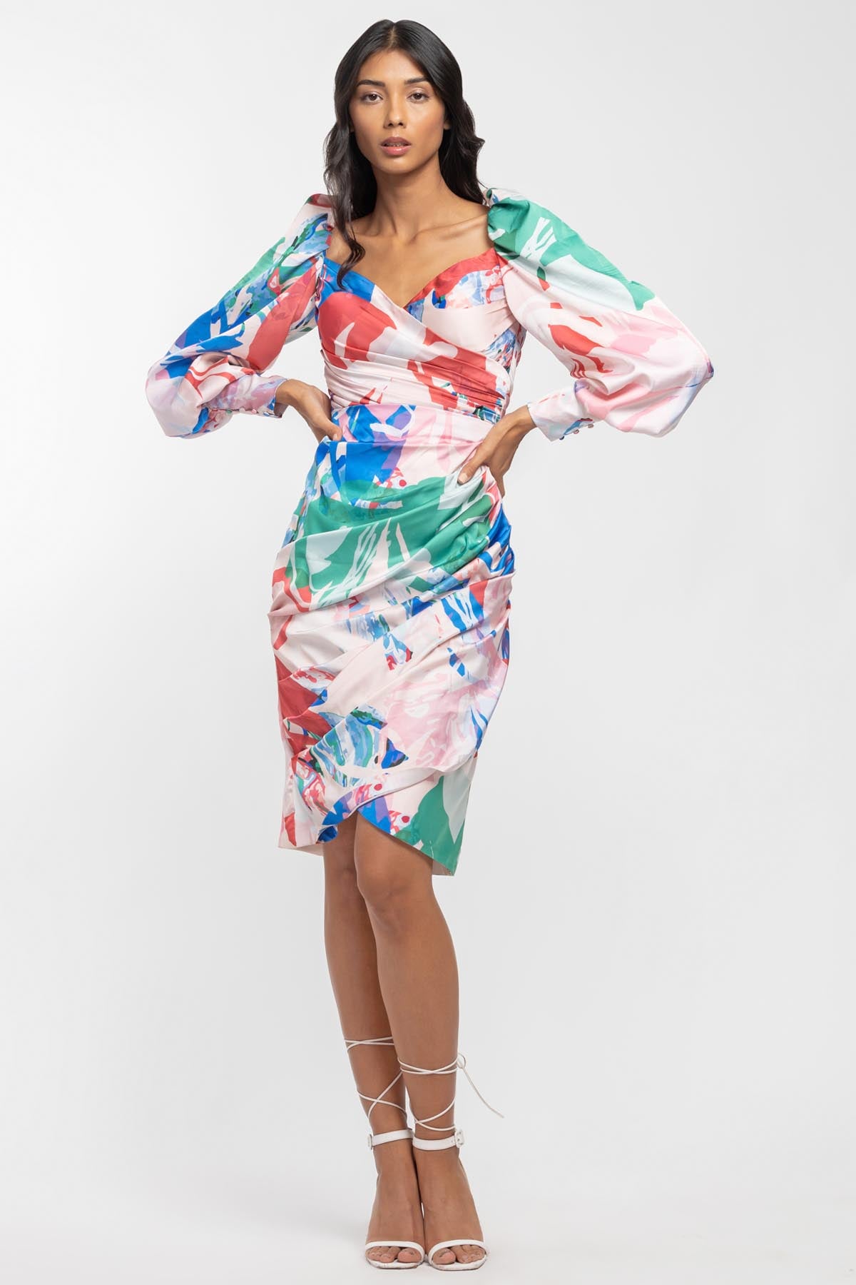 Buy Satin Draped Abstract Dress by Mandira Wirk