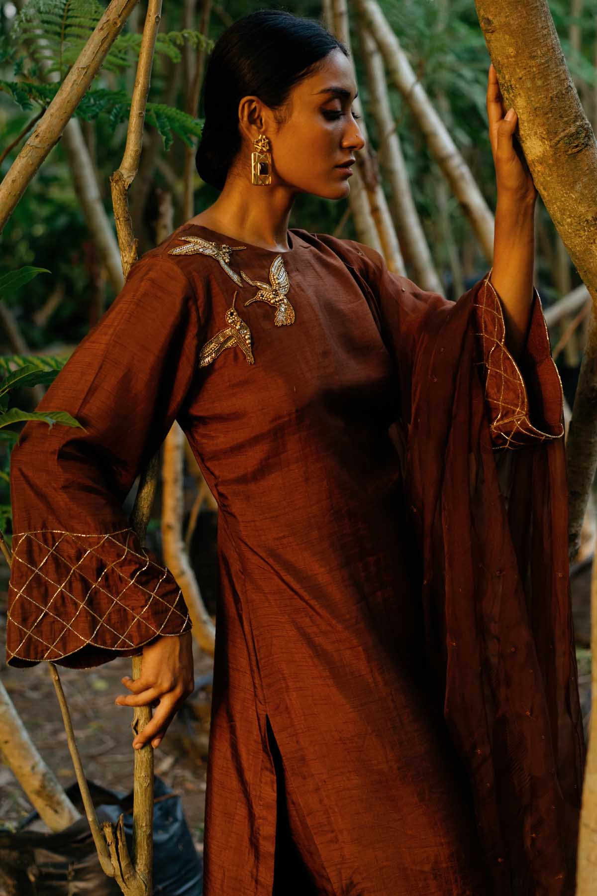 Brown Scallop A-Line Kurta Set