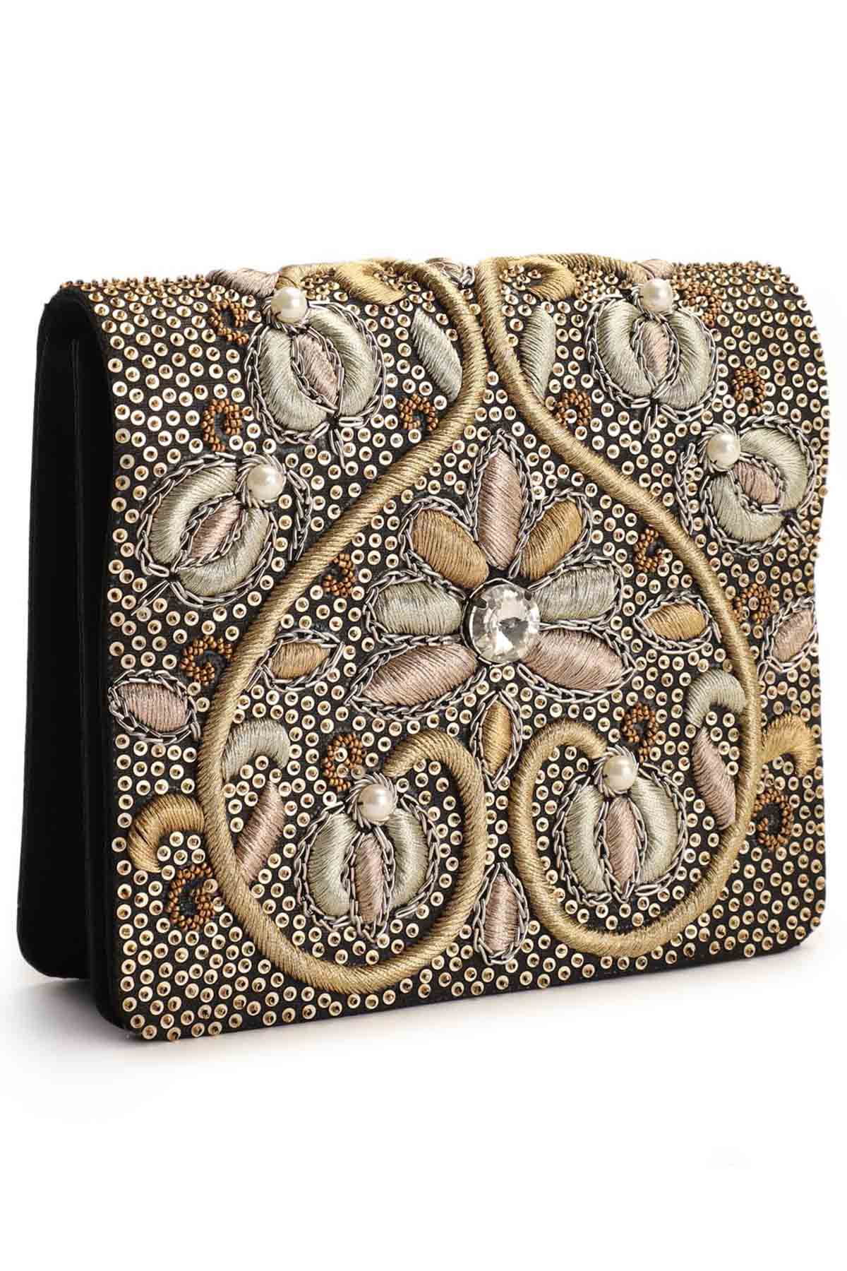 Black Sequins Raw Silk Clutch