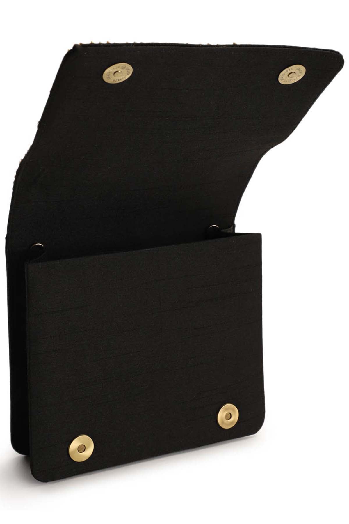 Black Sequins Raw Silk Clutch