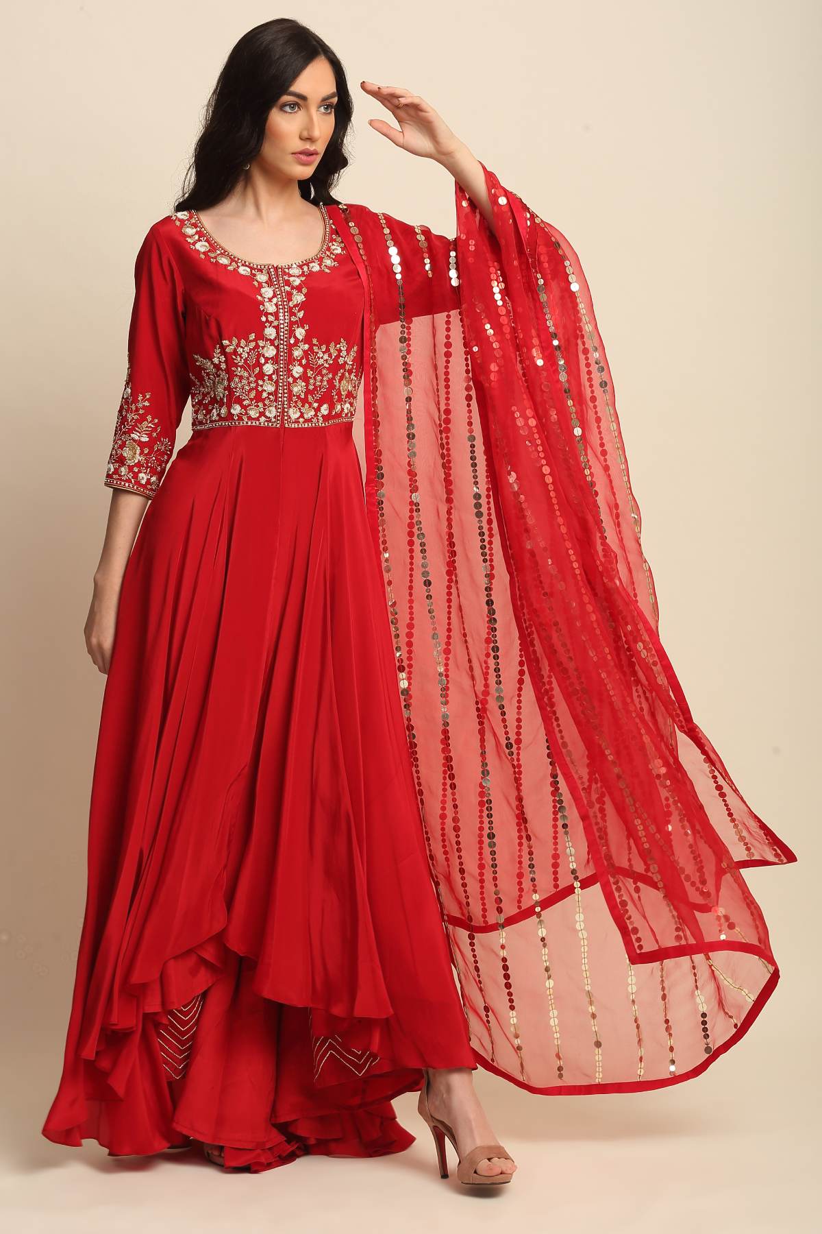 Red Sequins Front Open Kurta Set
