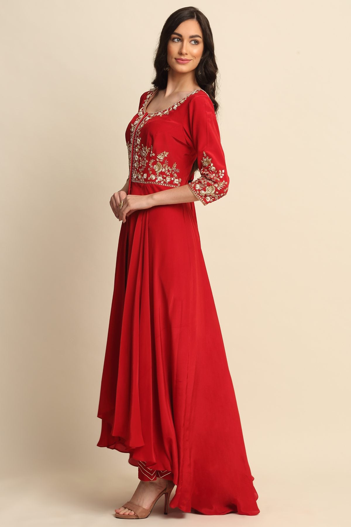 Red Sequins Front Open Kurta Set