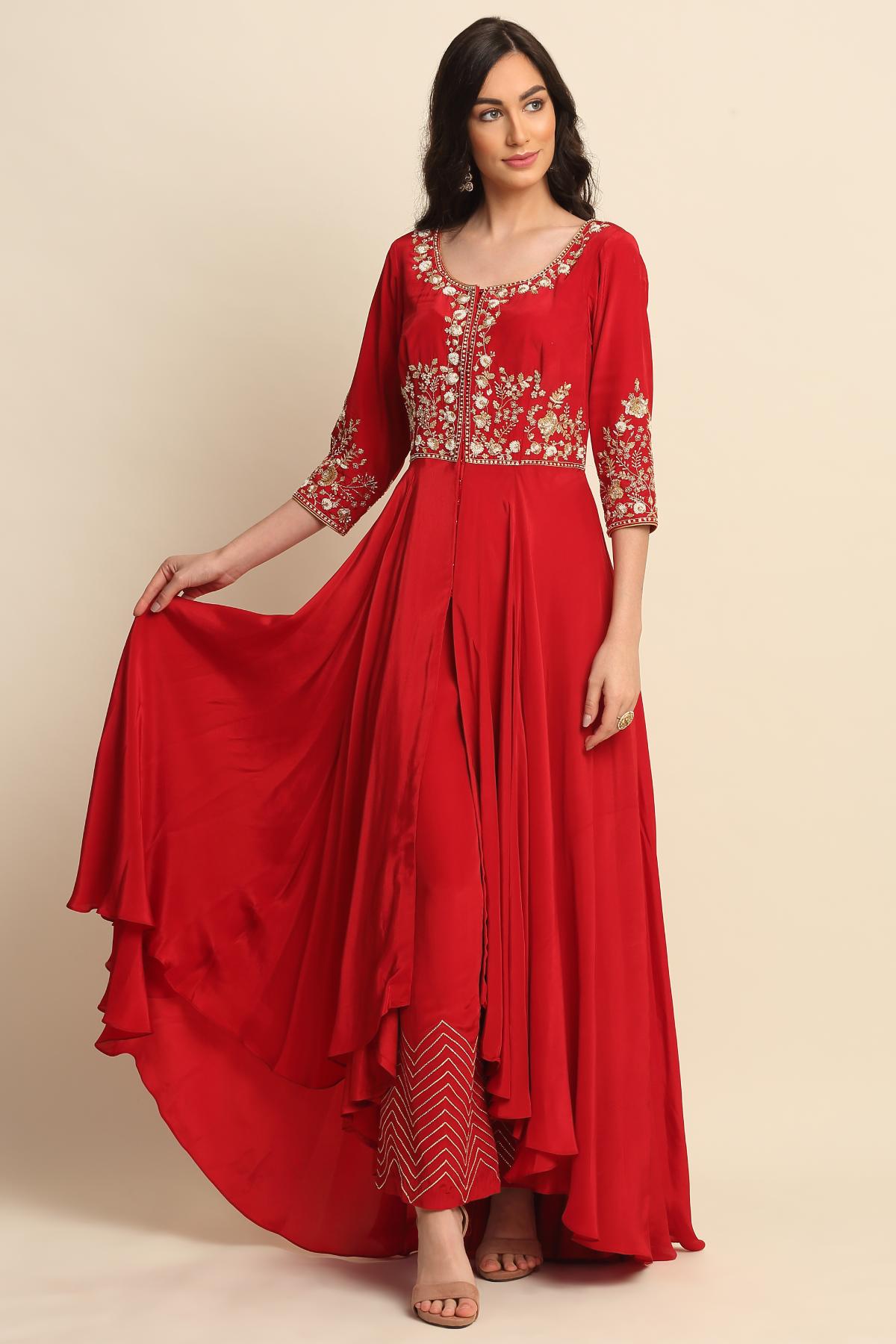Red Sequins Front Open Kurta Set