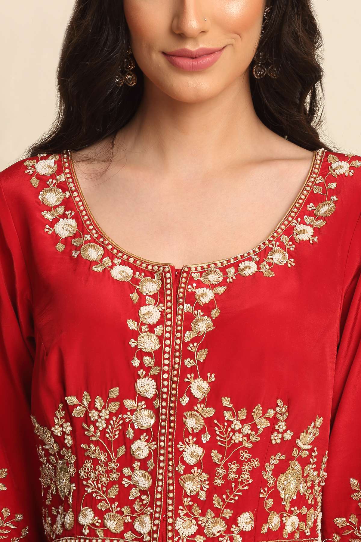 Red Sequins Front Open Kurta Set