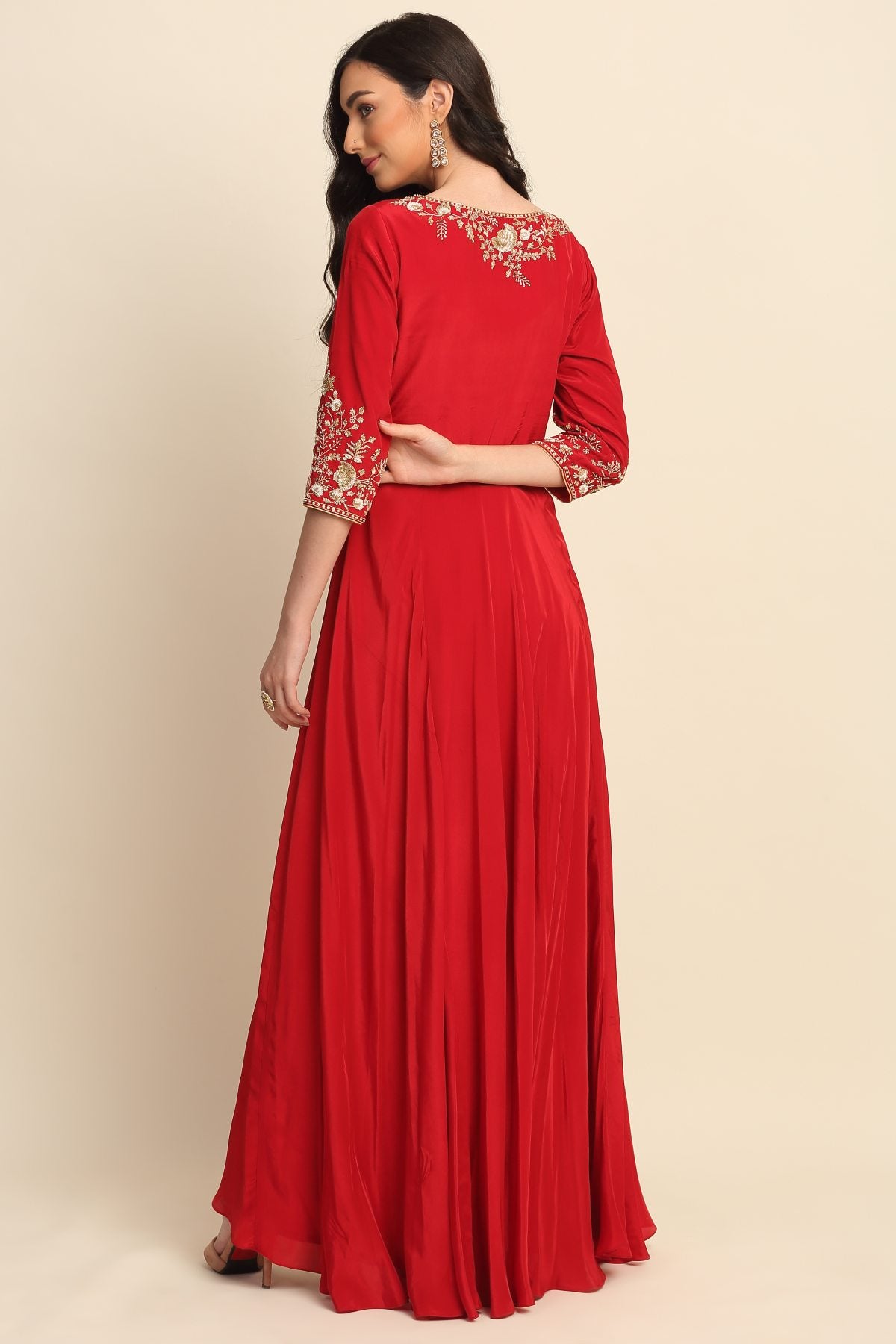 Red Sequins Front Open Kurta Set