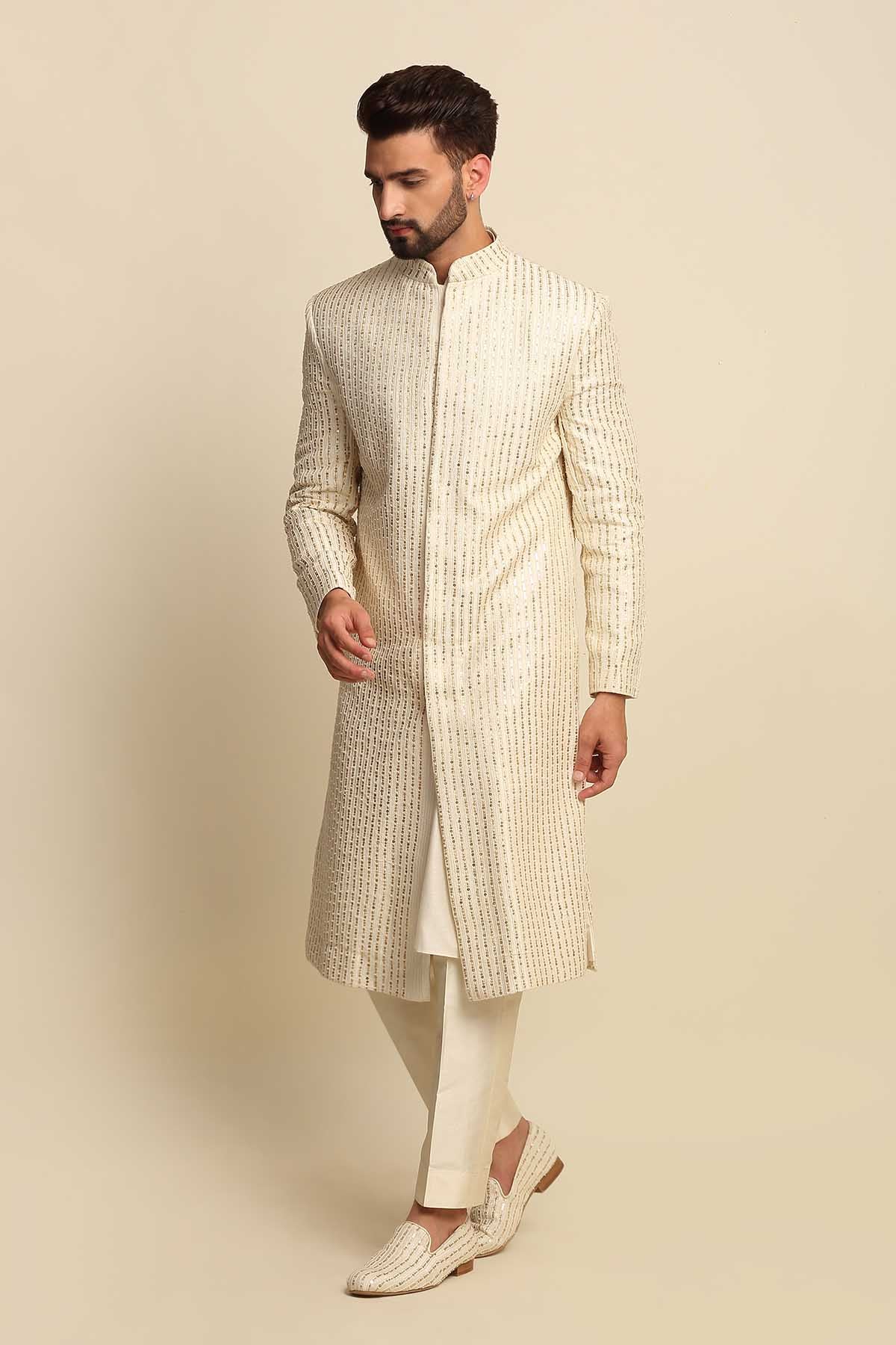 Sequins Raw Silk Sherwani Set