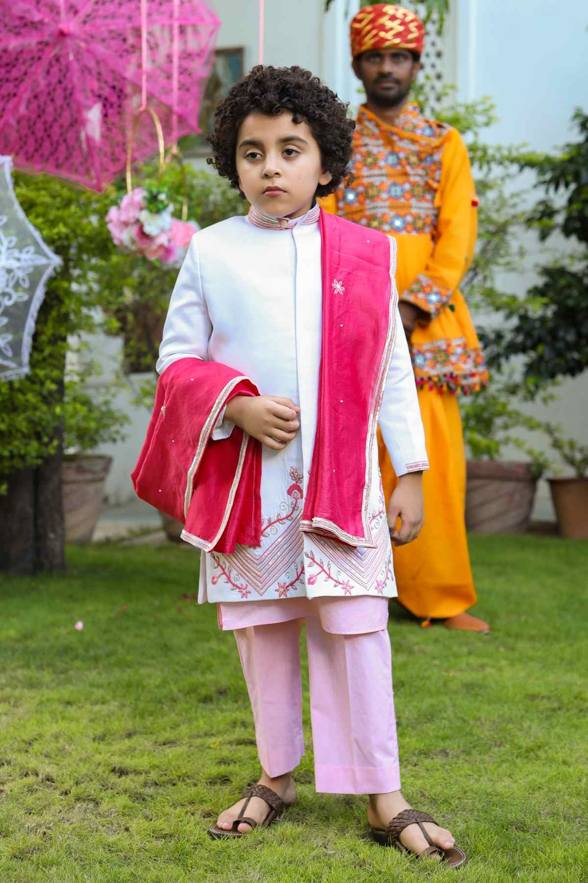 Buy Kids Designer Littleens Thread and recycled plastic sequins embroidered jacket with silver embellishments paired with kurta, trousers and minimal embroidered shawl Online at ScrollnShops