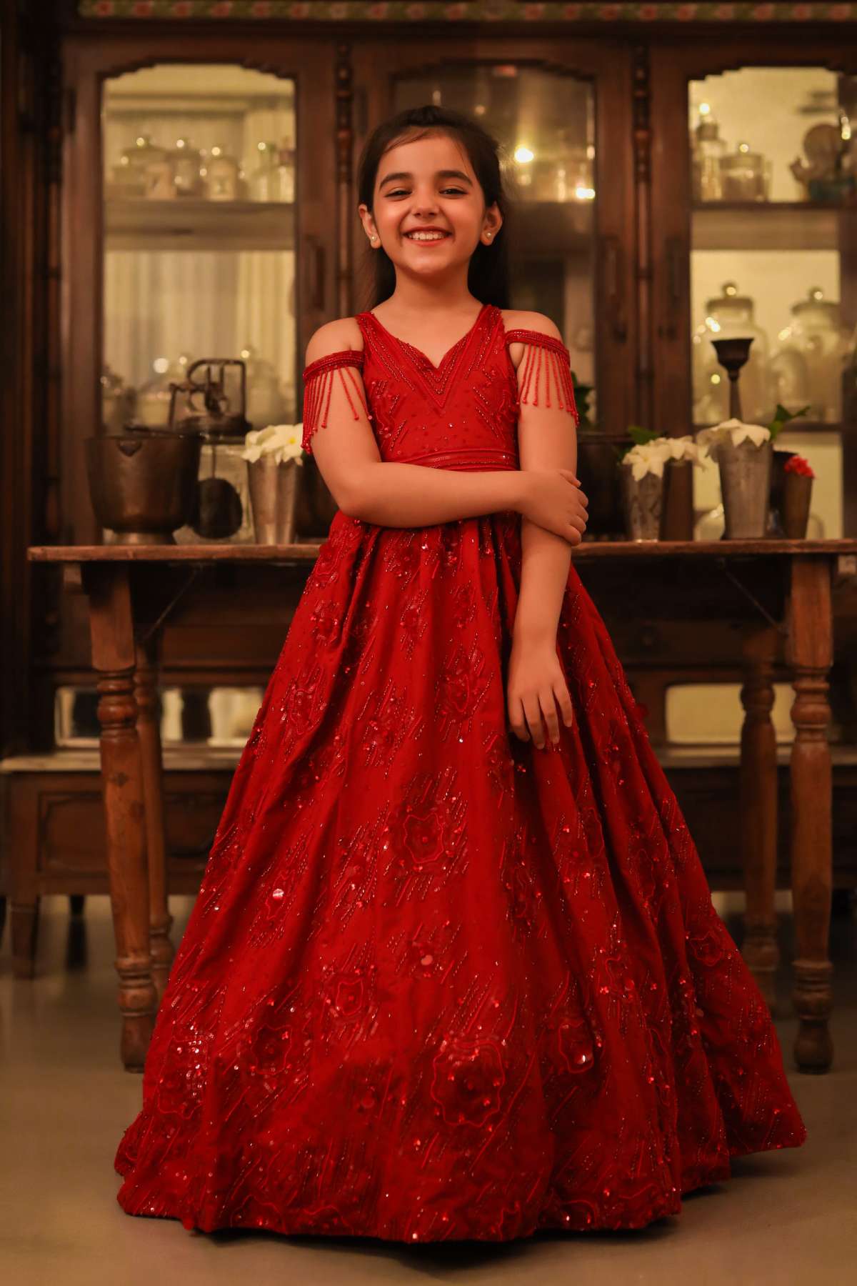 Buy Kids Designer Littleens Classic ball off-shoulder tone-n-tone embroidered gown with v-neckline and strap embellished with beads Online at ScrollnShops