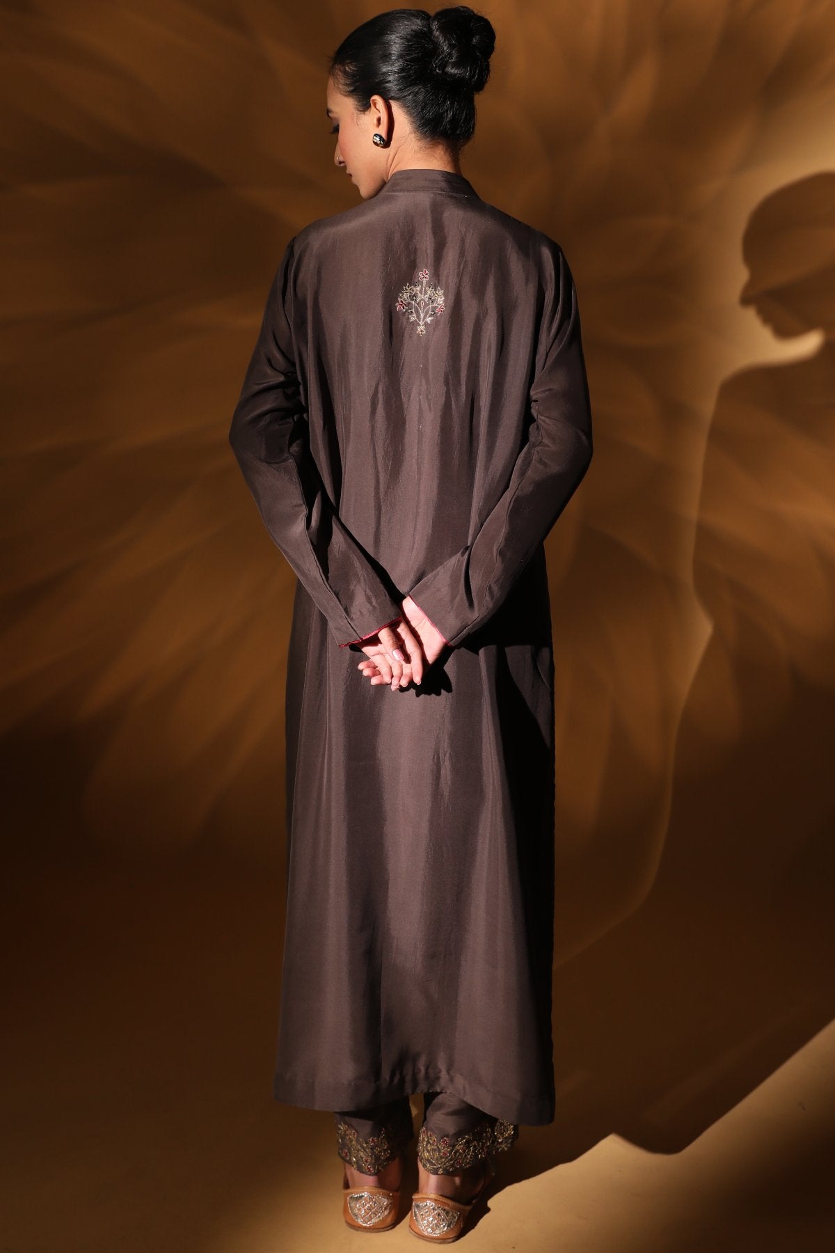 Brown Silk Aari Work Kurta Set