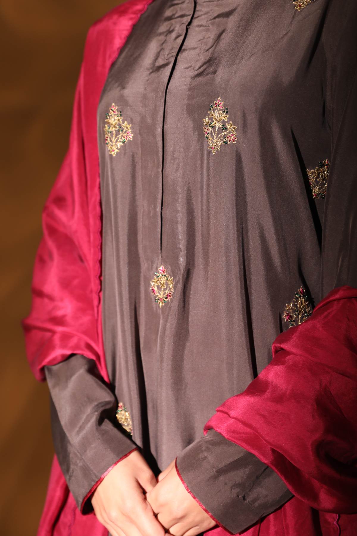 Brown Silk Aari Work Kurta Set