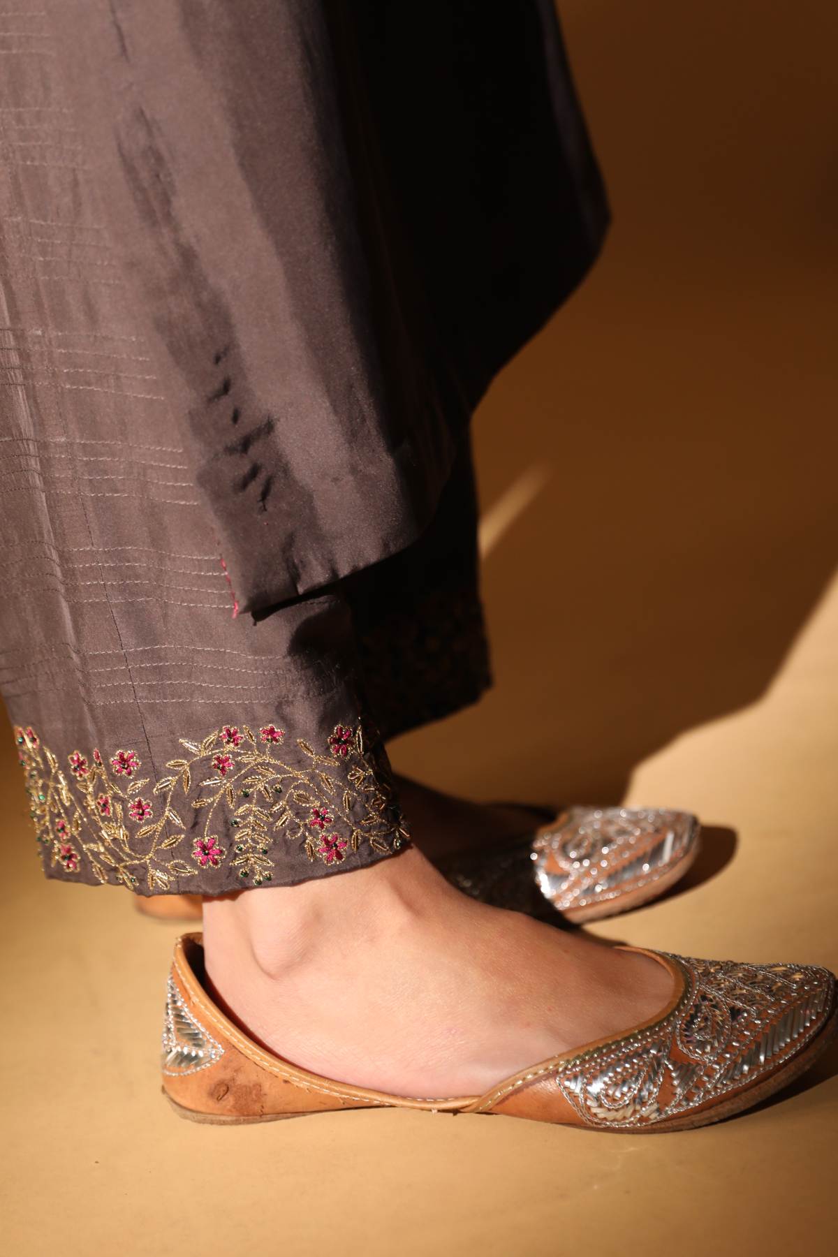 Brown Silk Aari Work Kurta Set