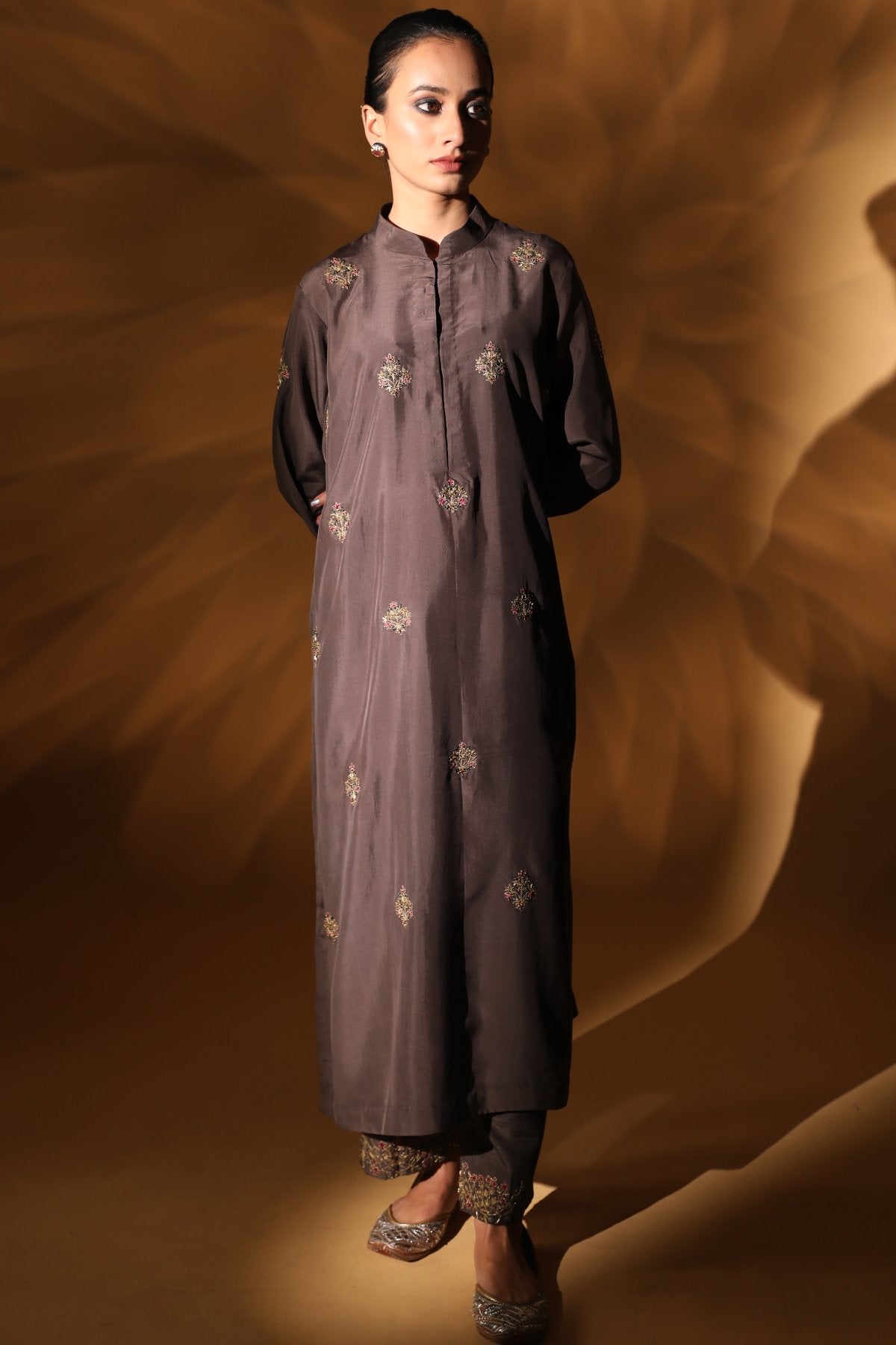 Brown Silk Aari Work Kurta Set