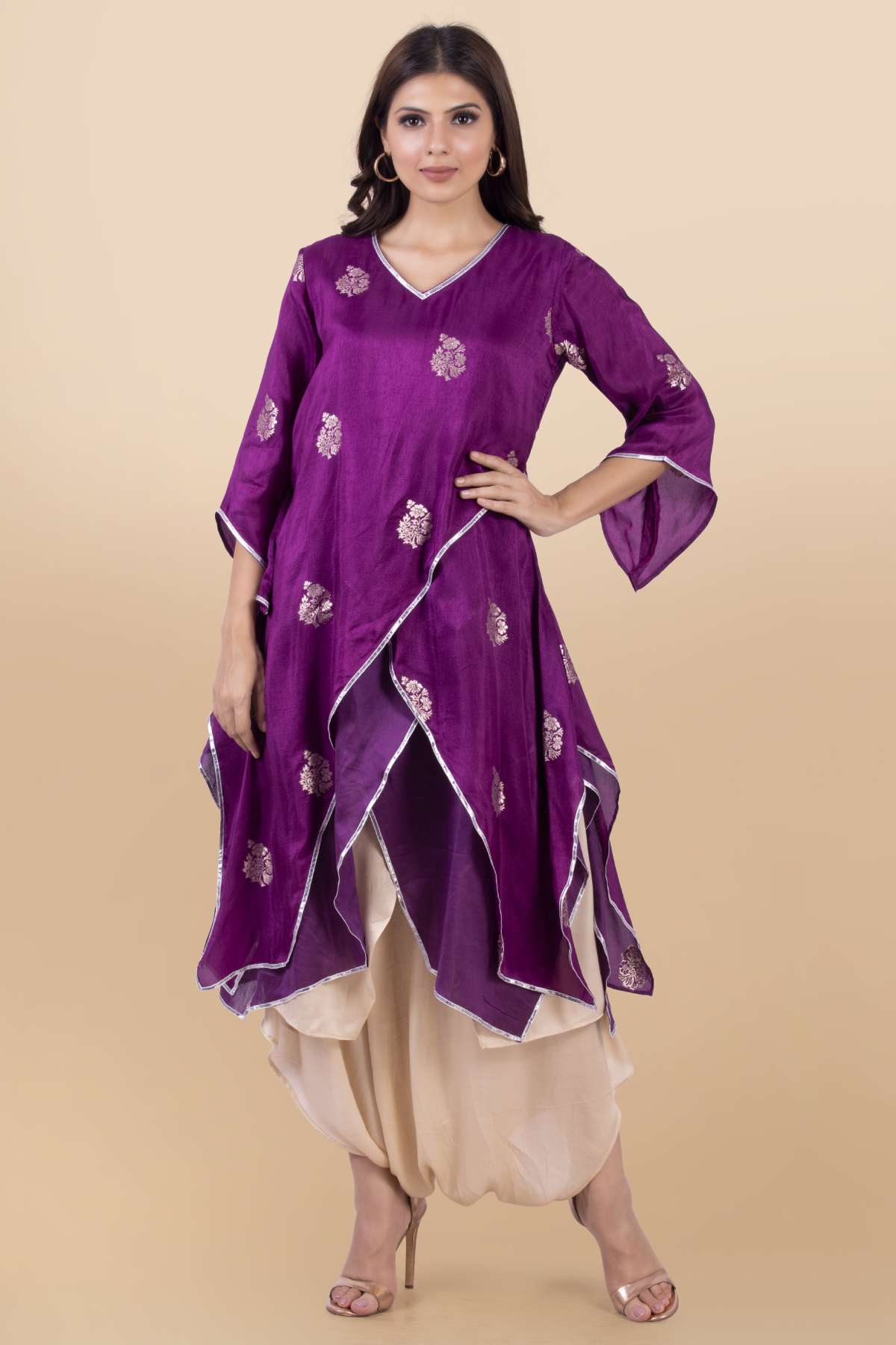 Purple Layered Kurta Set & Belt