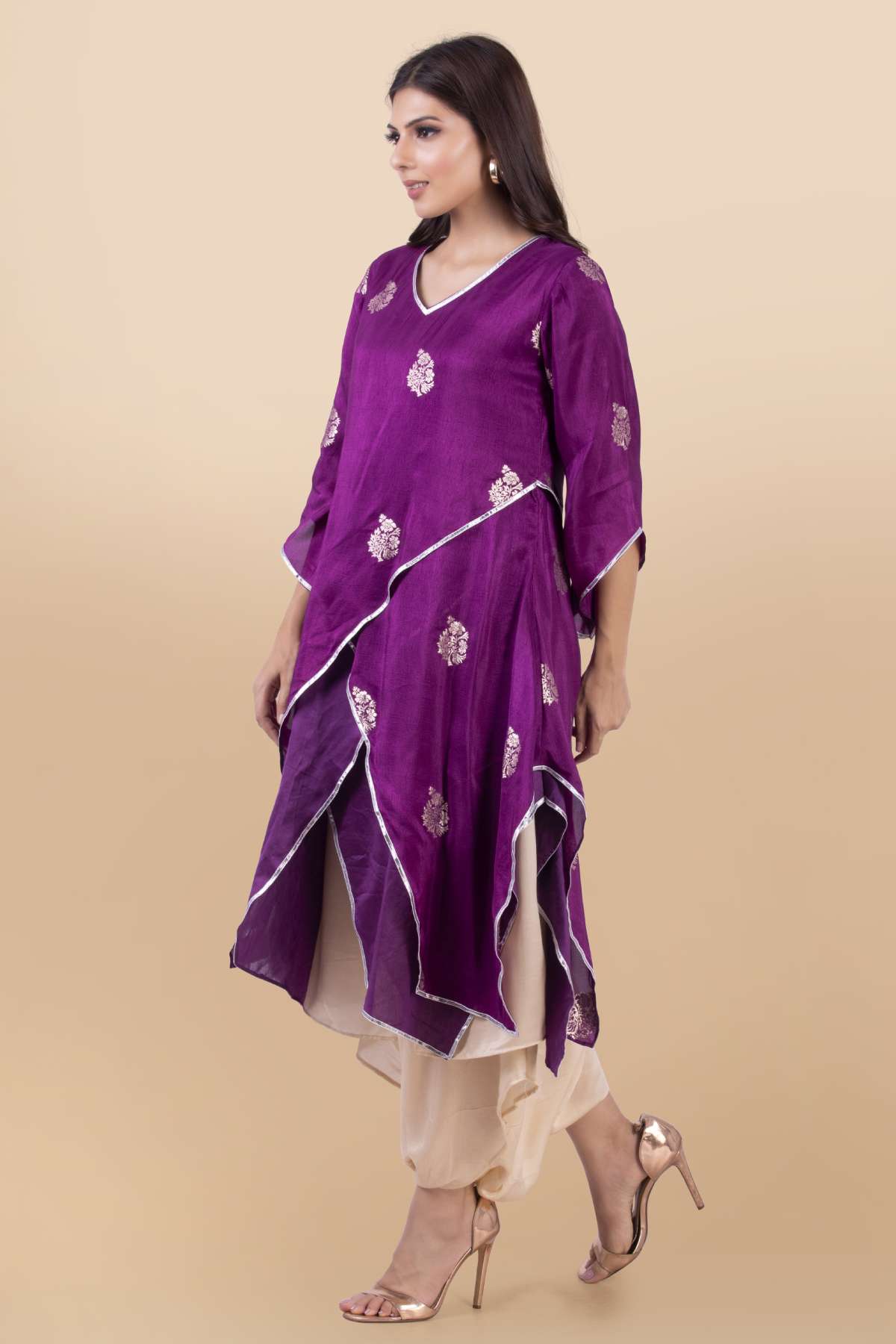 Purple Layered Kurta Set & Belt