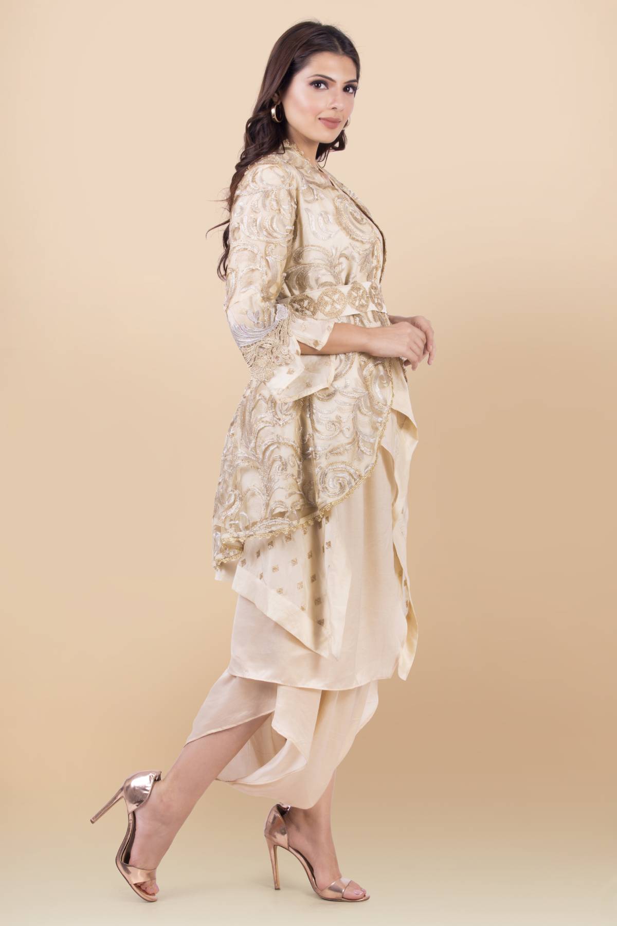 Cream Embroidered Jacket Set