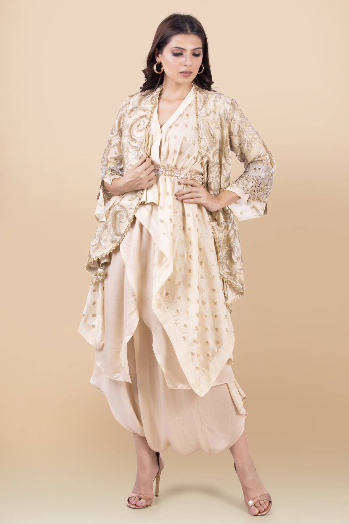 Cream Embroidered Jacket Set