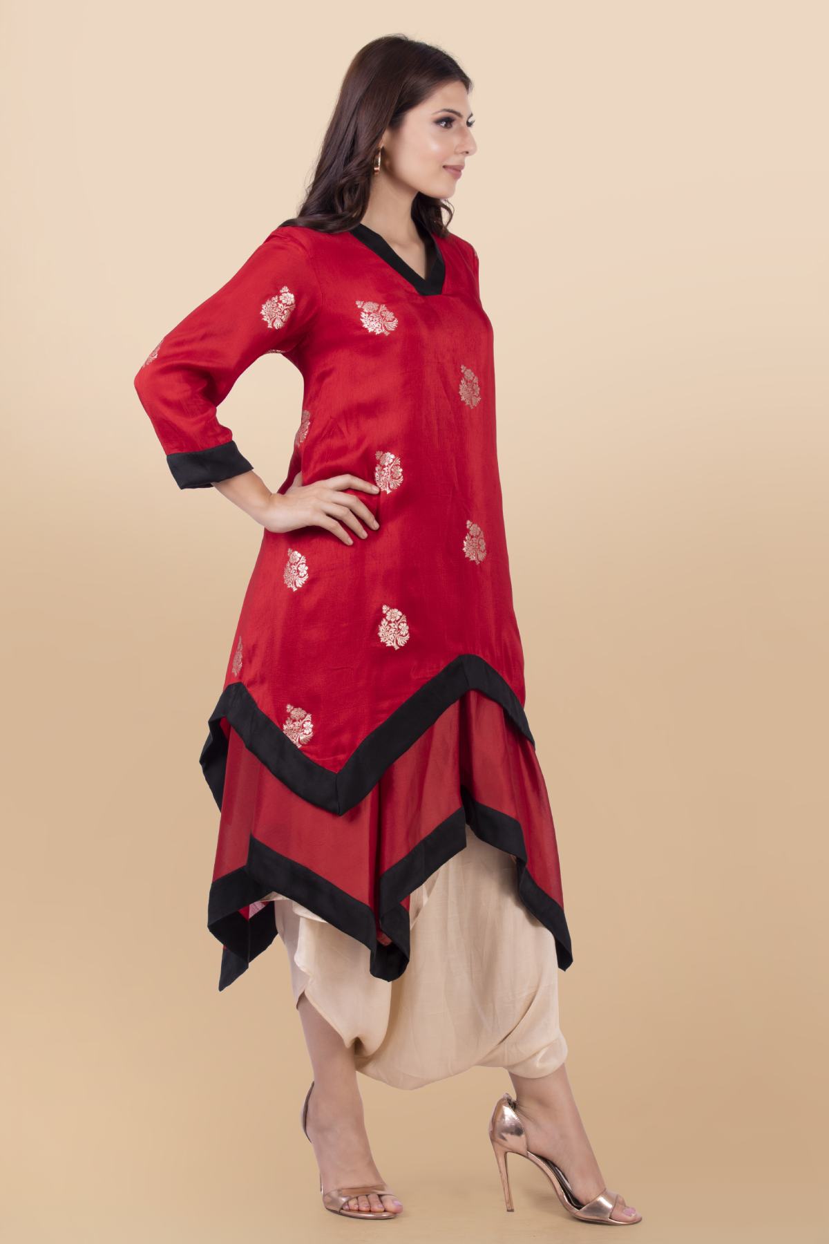 Red Layered Draped Dhoti Set