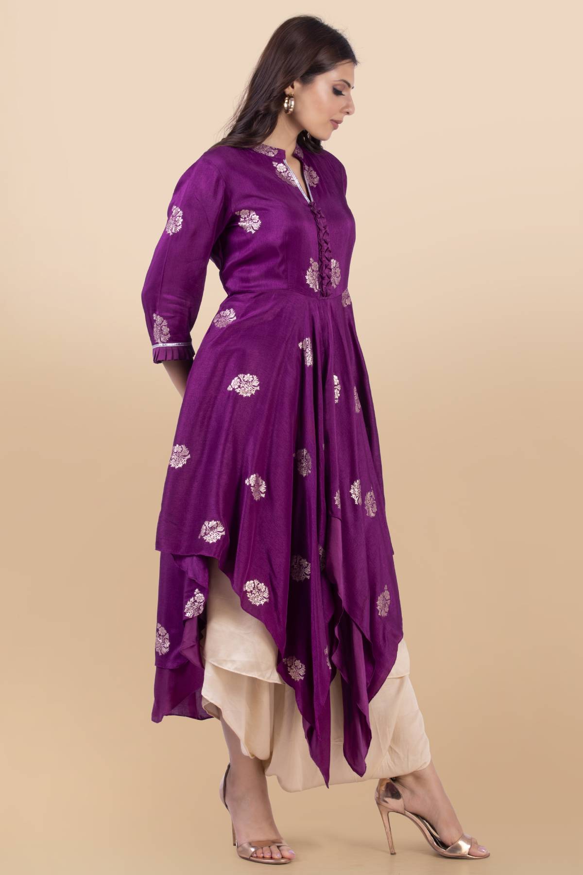 Purple Layered Draped Dhoti Set