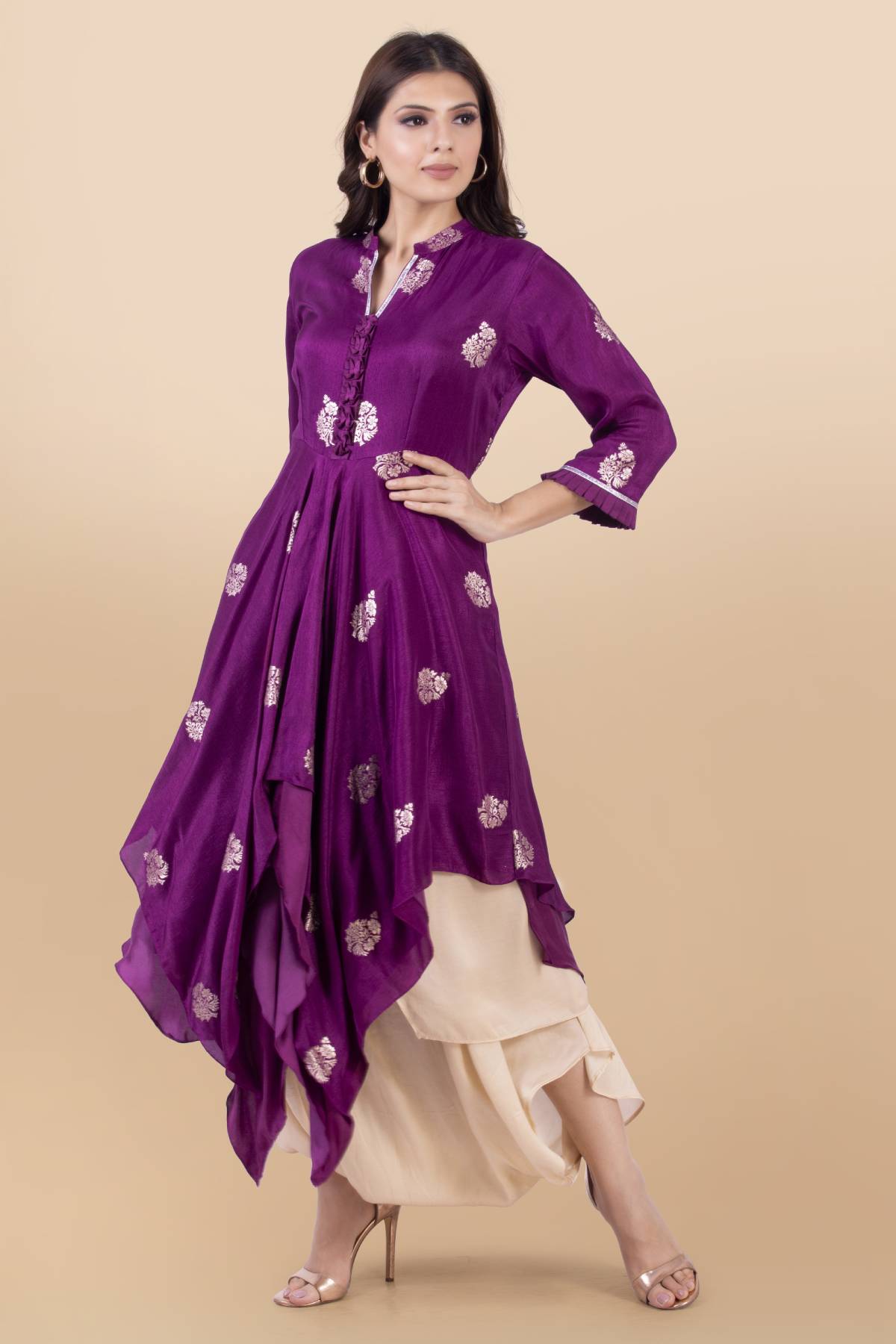 Purple Layered Draped Dhoti Set